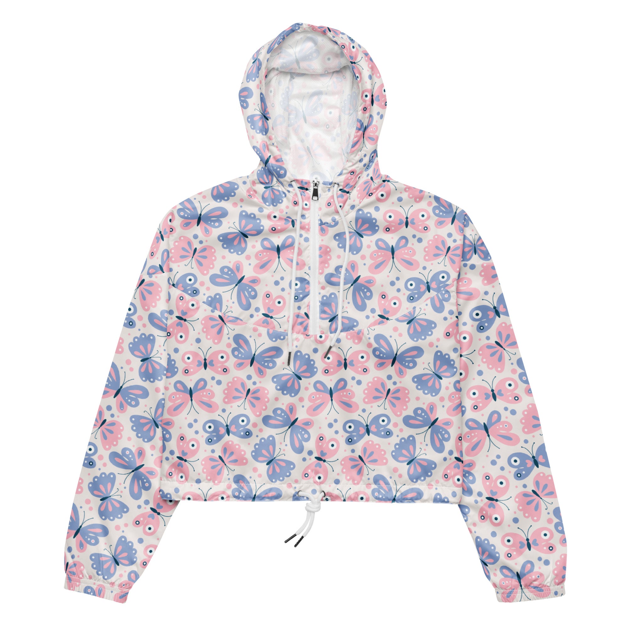 Women’s pastel butterfly cropped windbreaker hoodie with pink and blue pattern and white interior lining