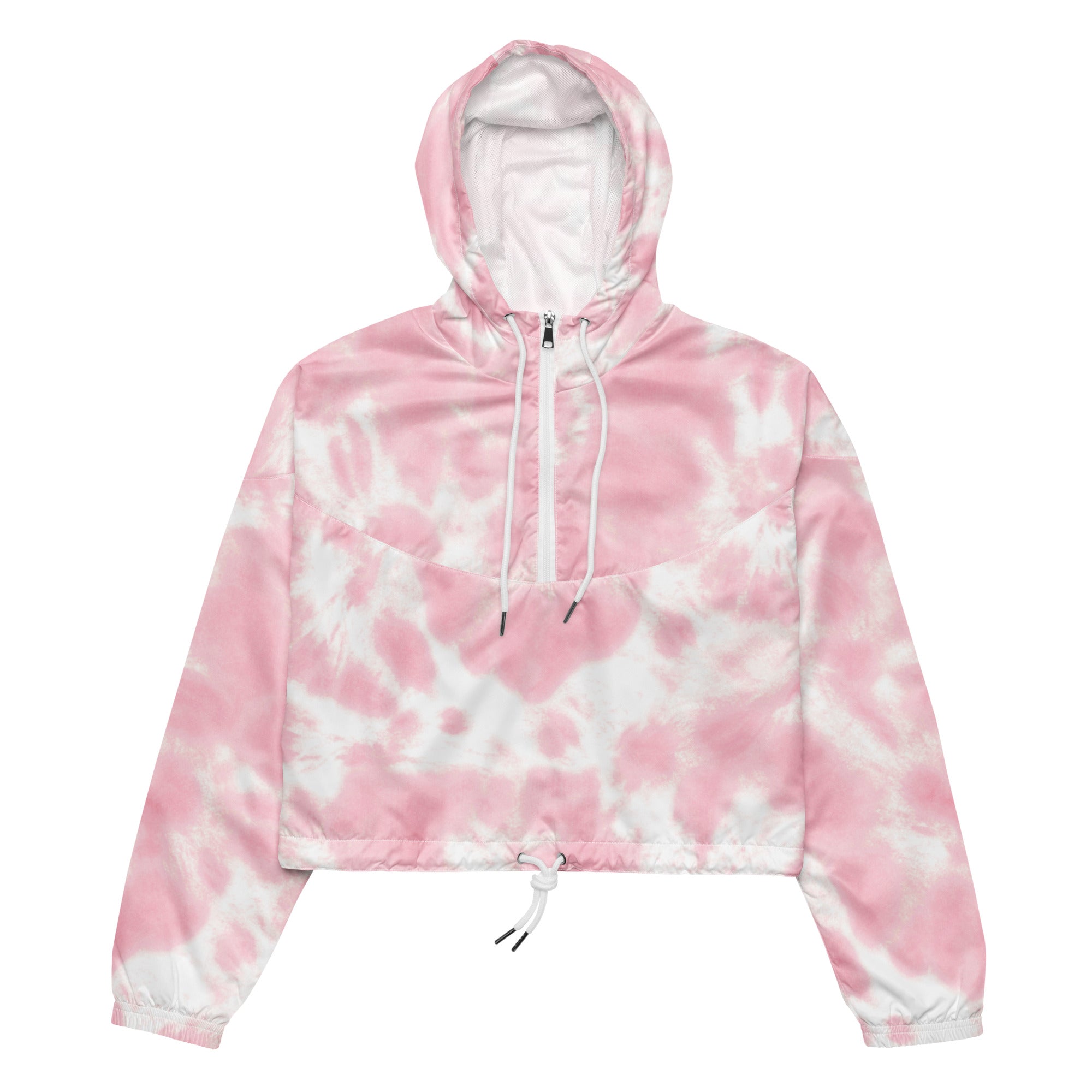 Women’s pink and white tie dye cropped hooded windbreaker with half zip and drawstring hem lightweight jacket