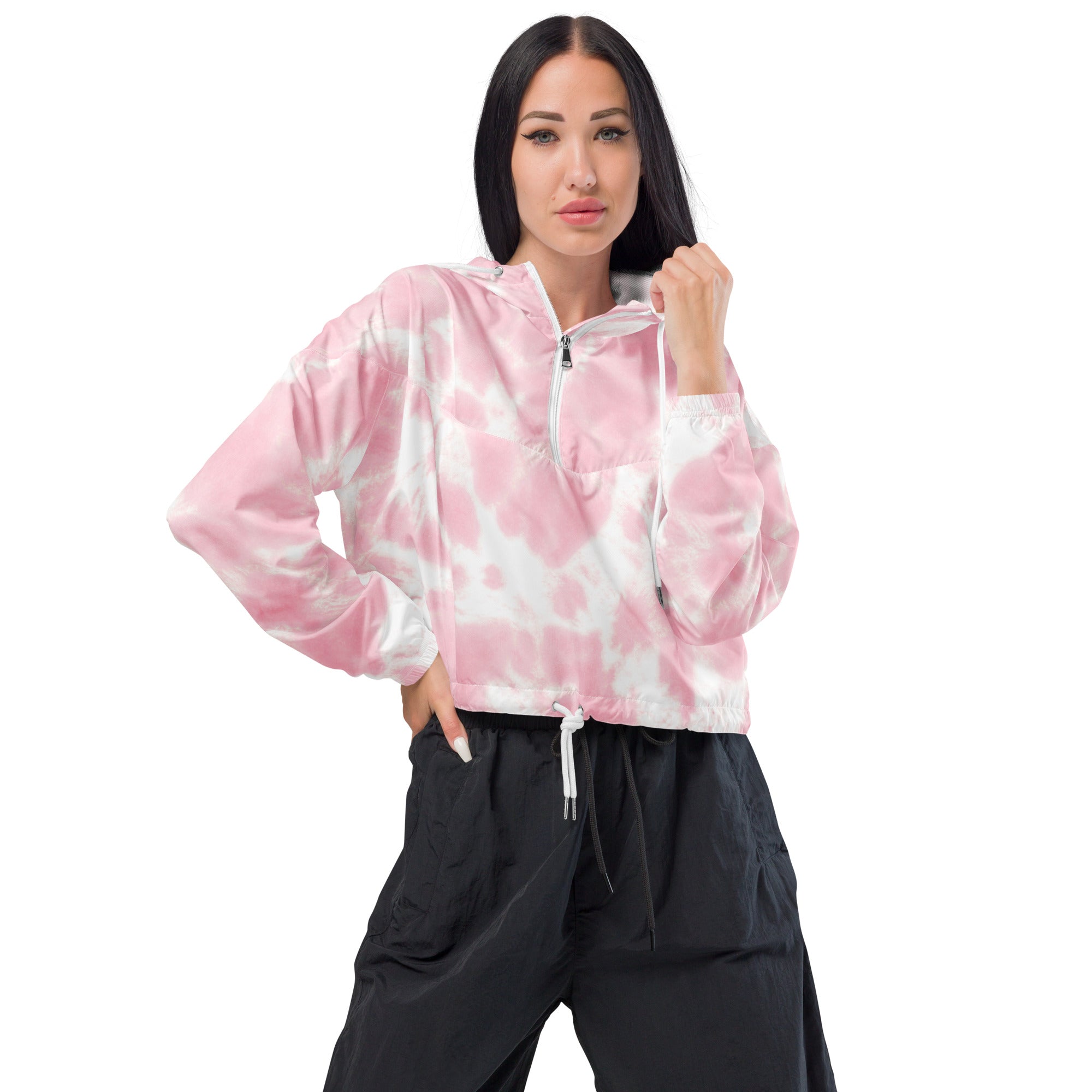 Women’s pink and white tie dye cropped windbreaker jacket with half zip adjustable hood and pockets