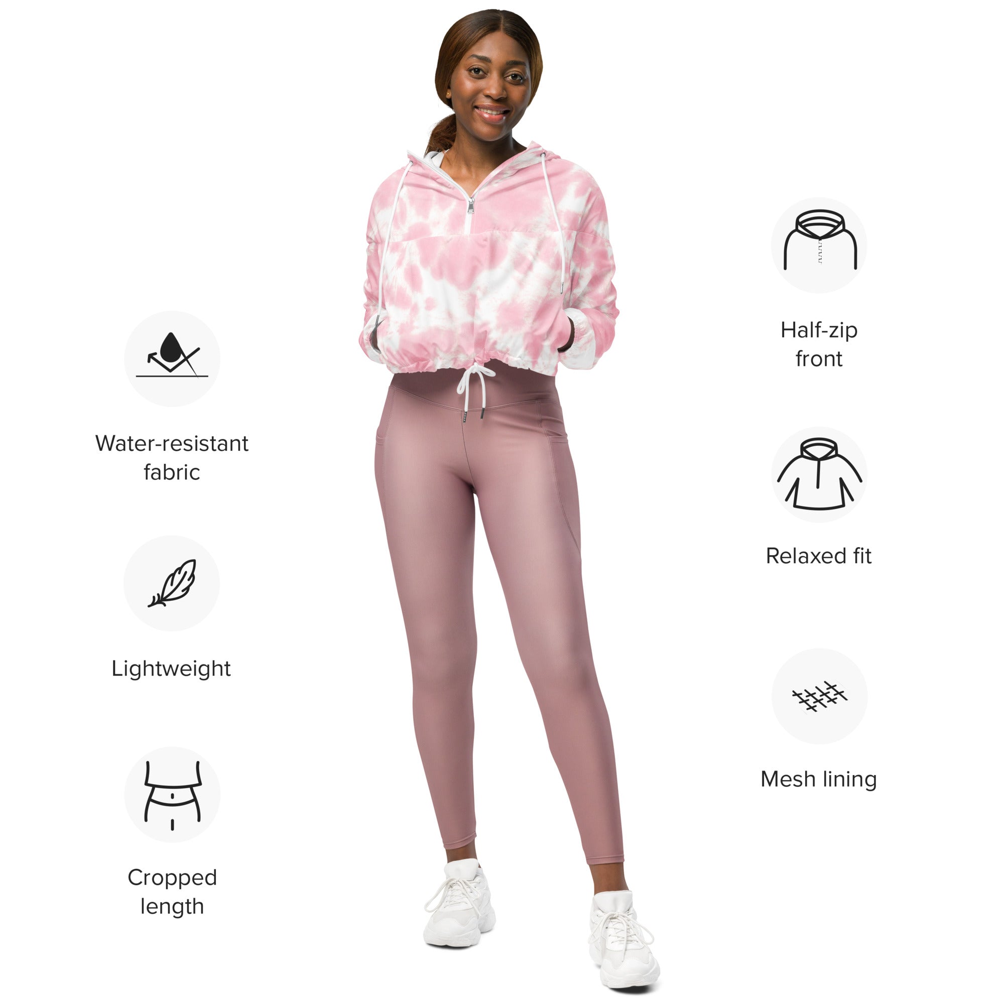 Women’s pink and white tie dye cropped hoodie with half zip water resistant fabric and mesh lining