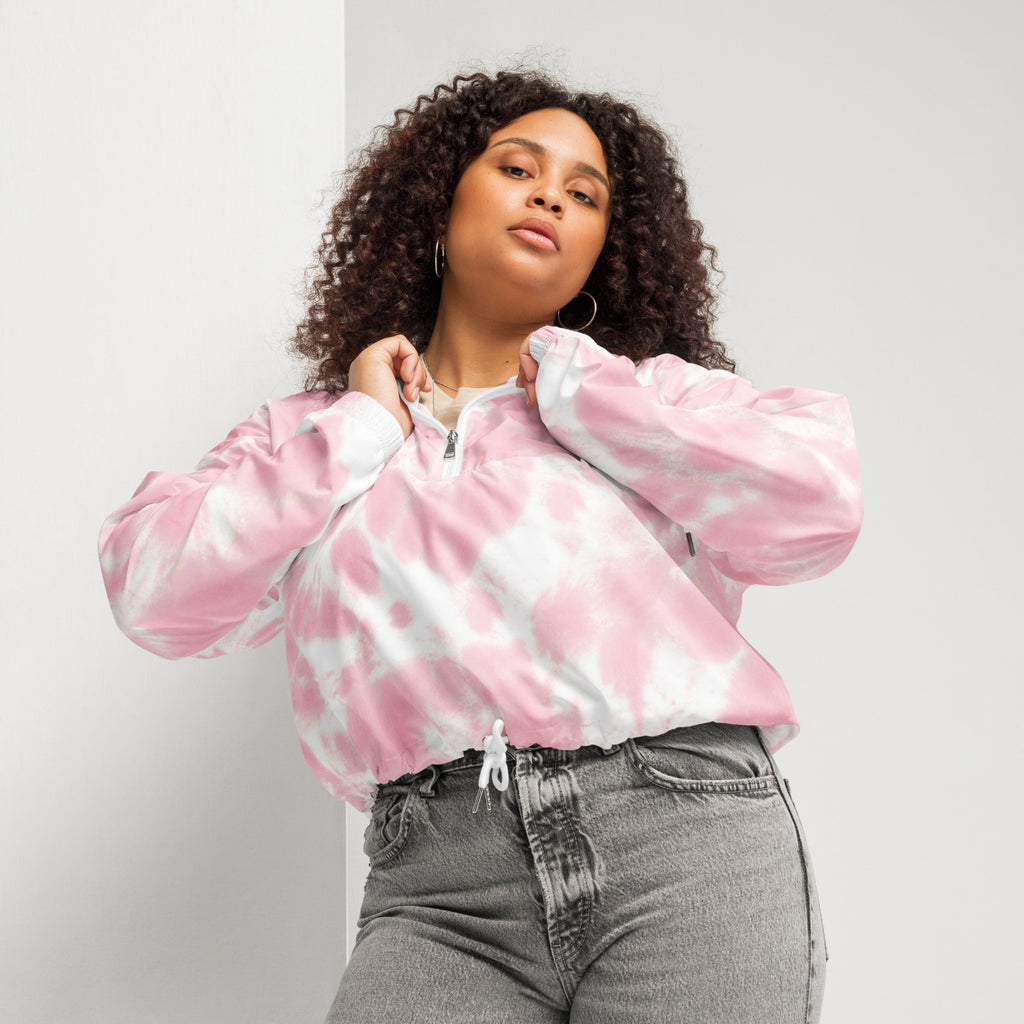 Women’s pink and white tie dye bomber jacket with half zip front lightweight cropped windbreaker with pockets