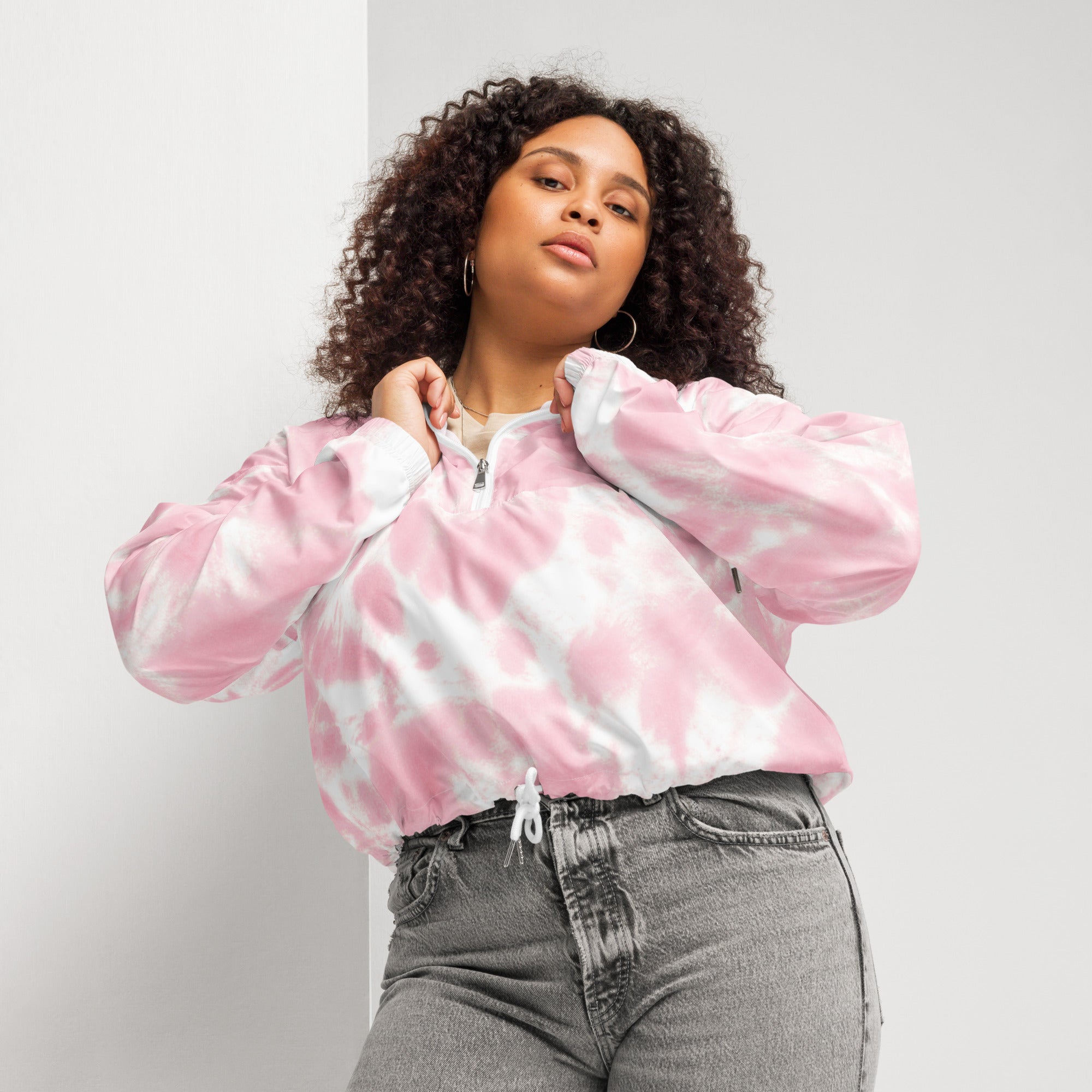 Women’s pink and white tie dye bomber jacket with half zip front lightweight cropped windbreaker with pockets