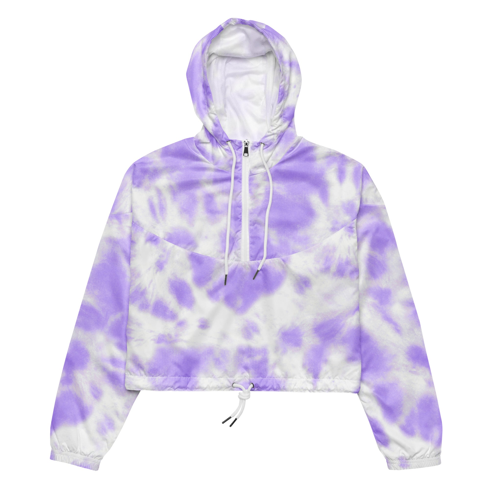 Women’s purple and white tie dye cropped lightweight windbreaker with adjustable hood and pockets