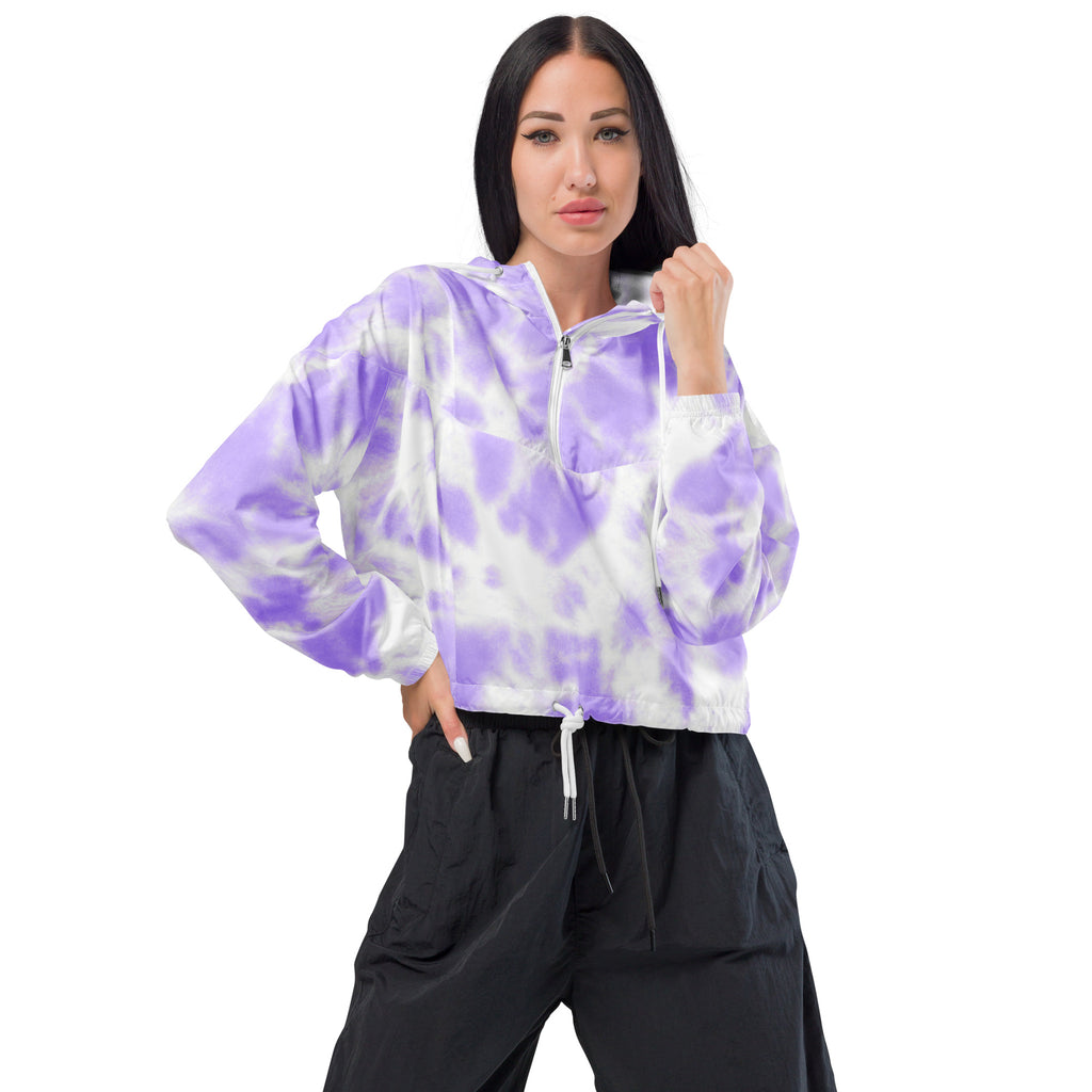 Women’s purple and white tie dye half zip cropped windbreaker with adjustable hood and pockets lightweight design