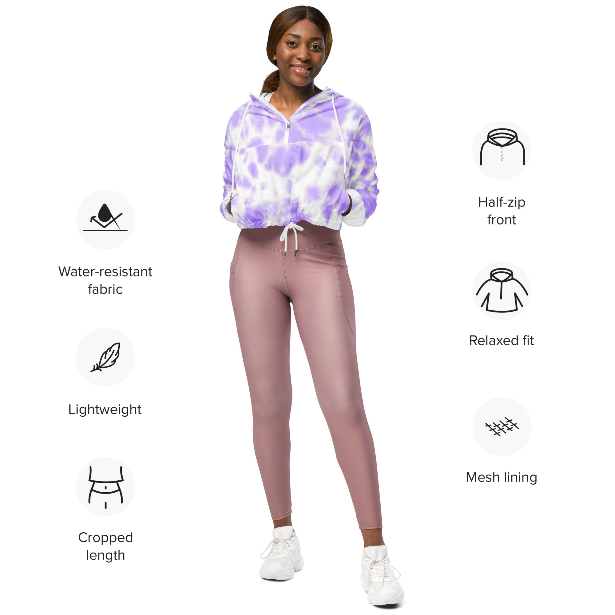 Women’s purple tie dye cropped windbreaker with lavender white half zip mesh lining and water resistant fabric