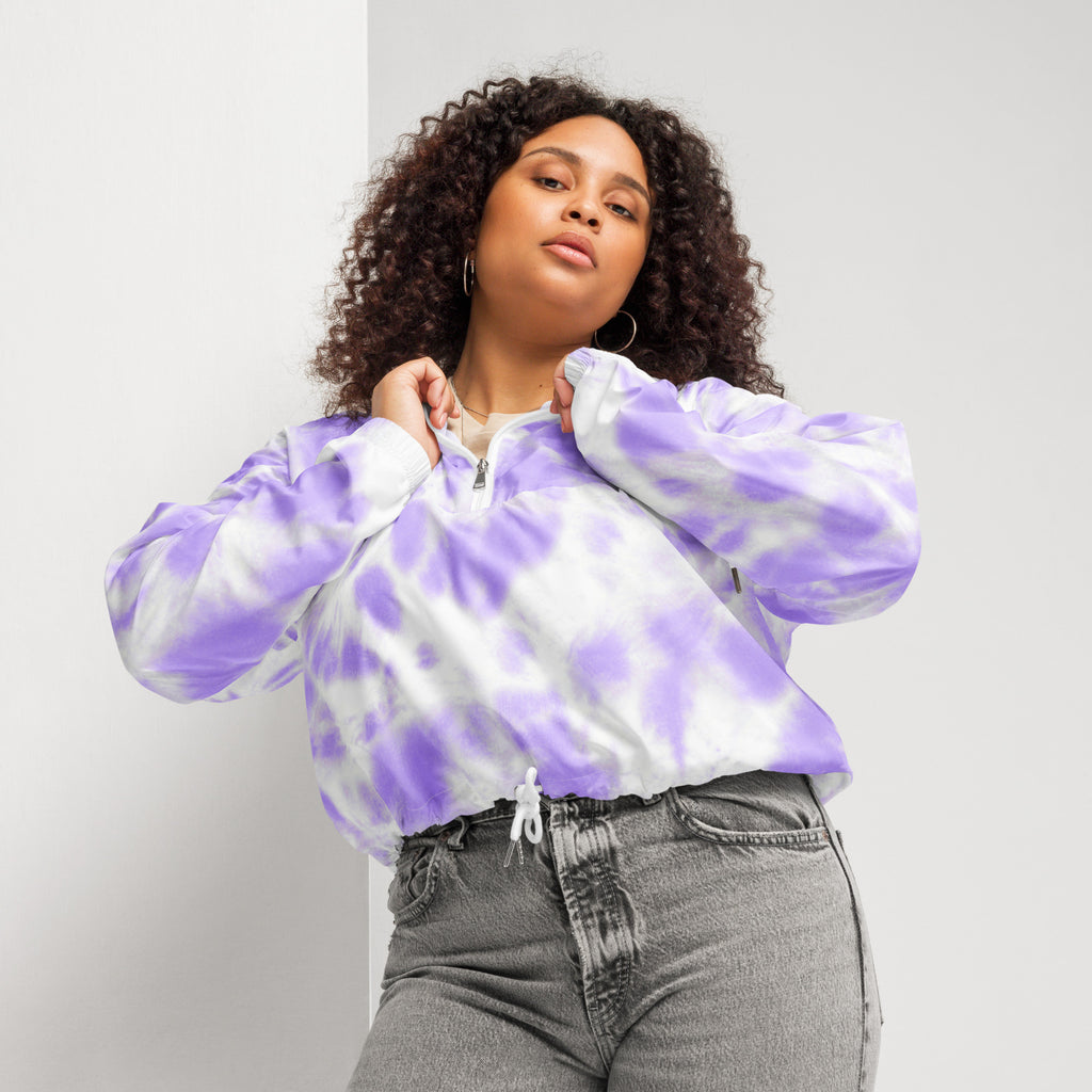 Women’s purple tie dye cropped bomber jacket with half zip front lightweight adjustable hood and pockets