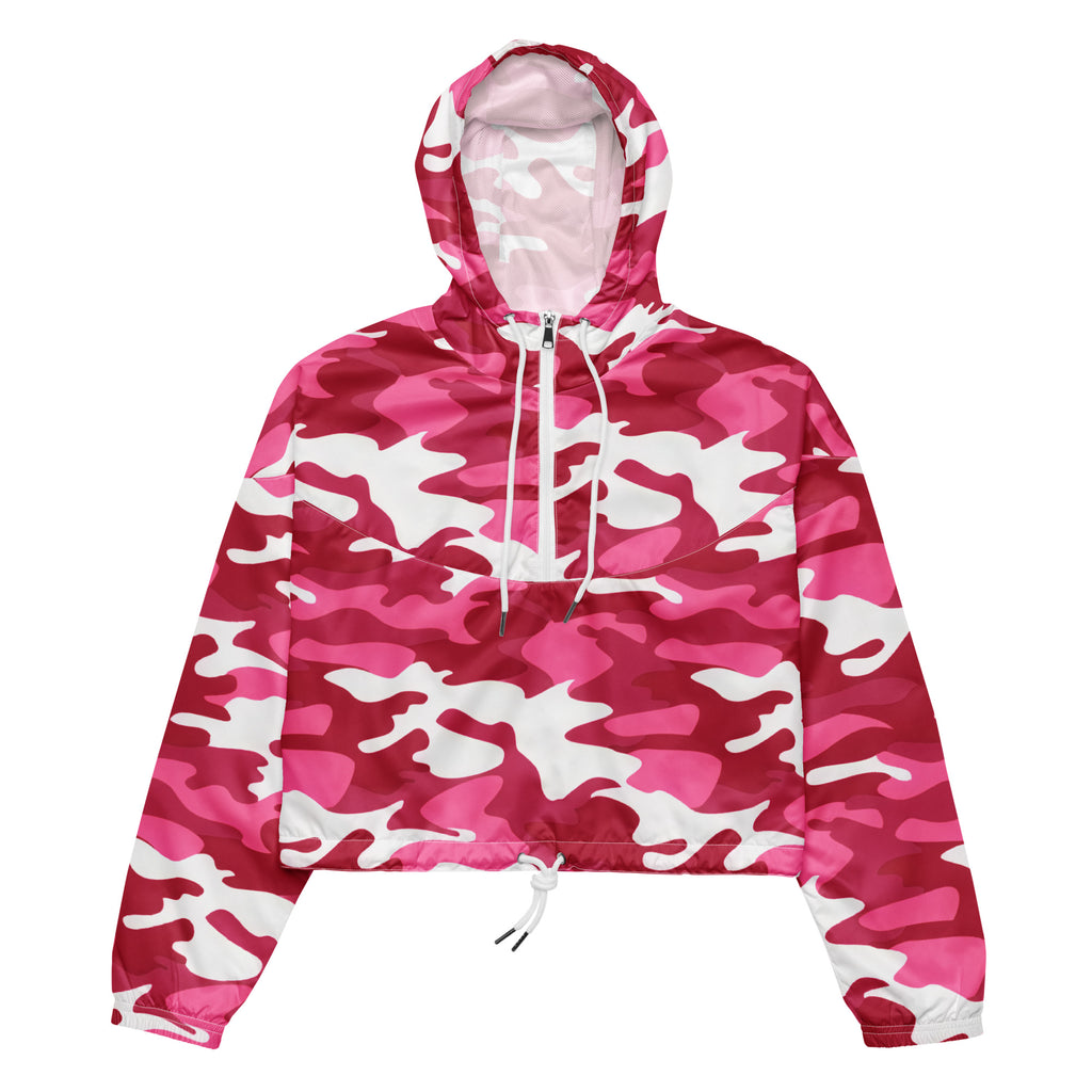 Women’s bright pink cropped windbreaker with white camouflage pattern lightweight water resistant jacket with adjustable hood