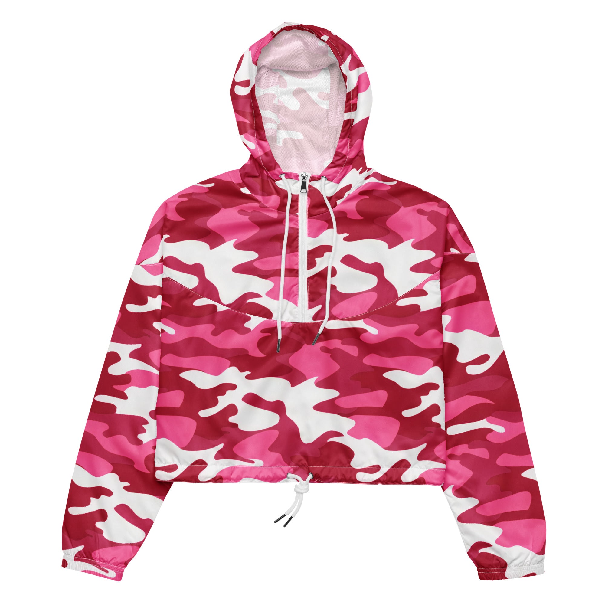Women’s bright pink cropped windbreaker with white camouflage pattern lightweight water resistant jacket with adjustable hood