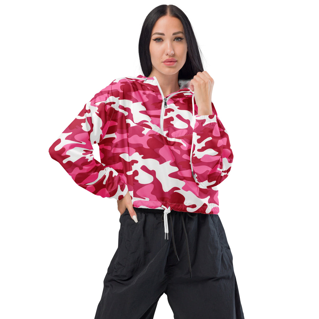 Women’s bright pink and white camouflage cropped windbreaker with half-zip front, lightweight and adjustable hood