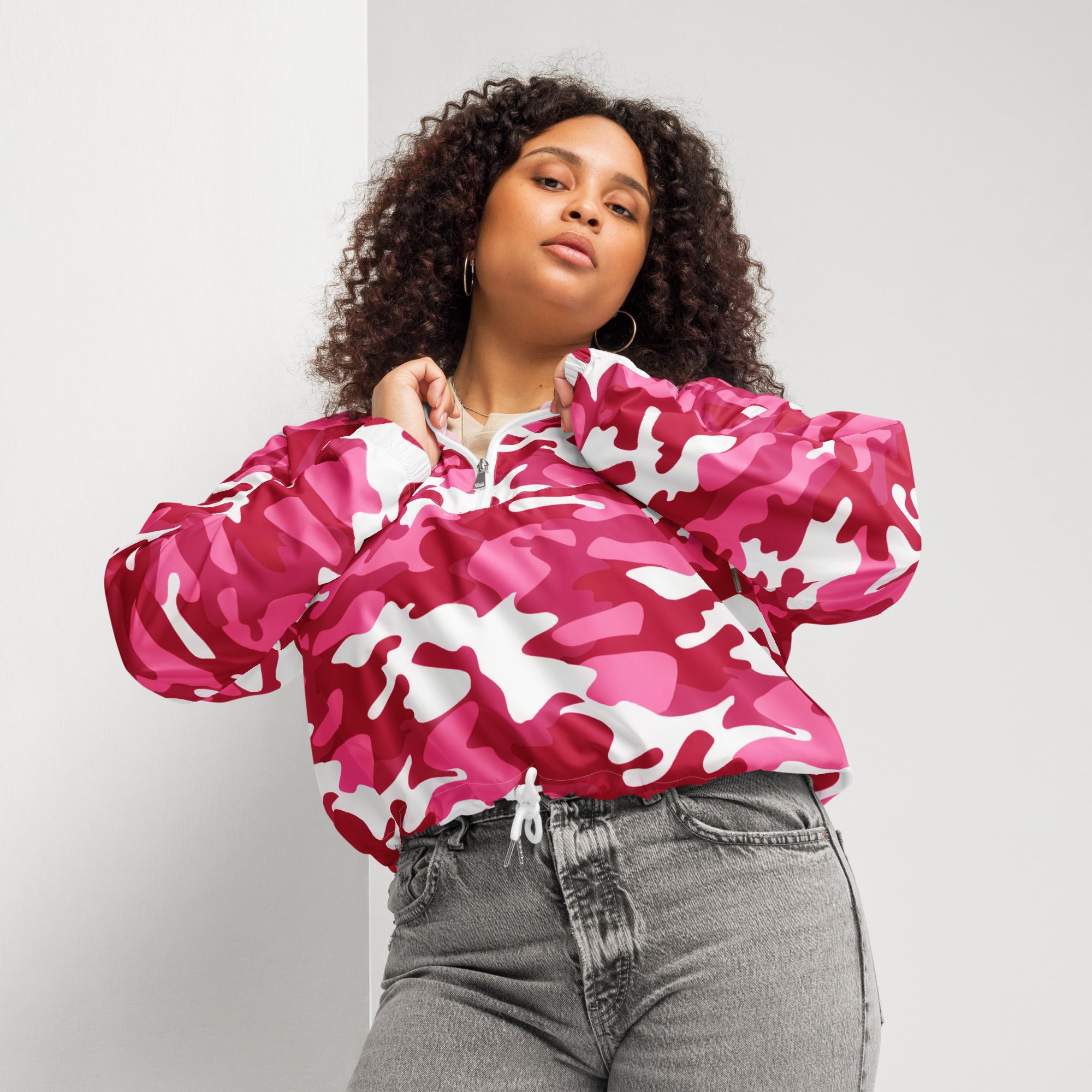 Women’s bright pink and white camouflage cropped windbreaker with puffy sleeves lightweight and water resistant jacket