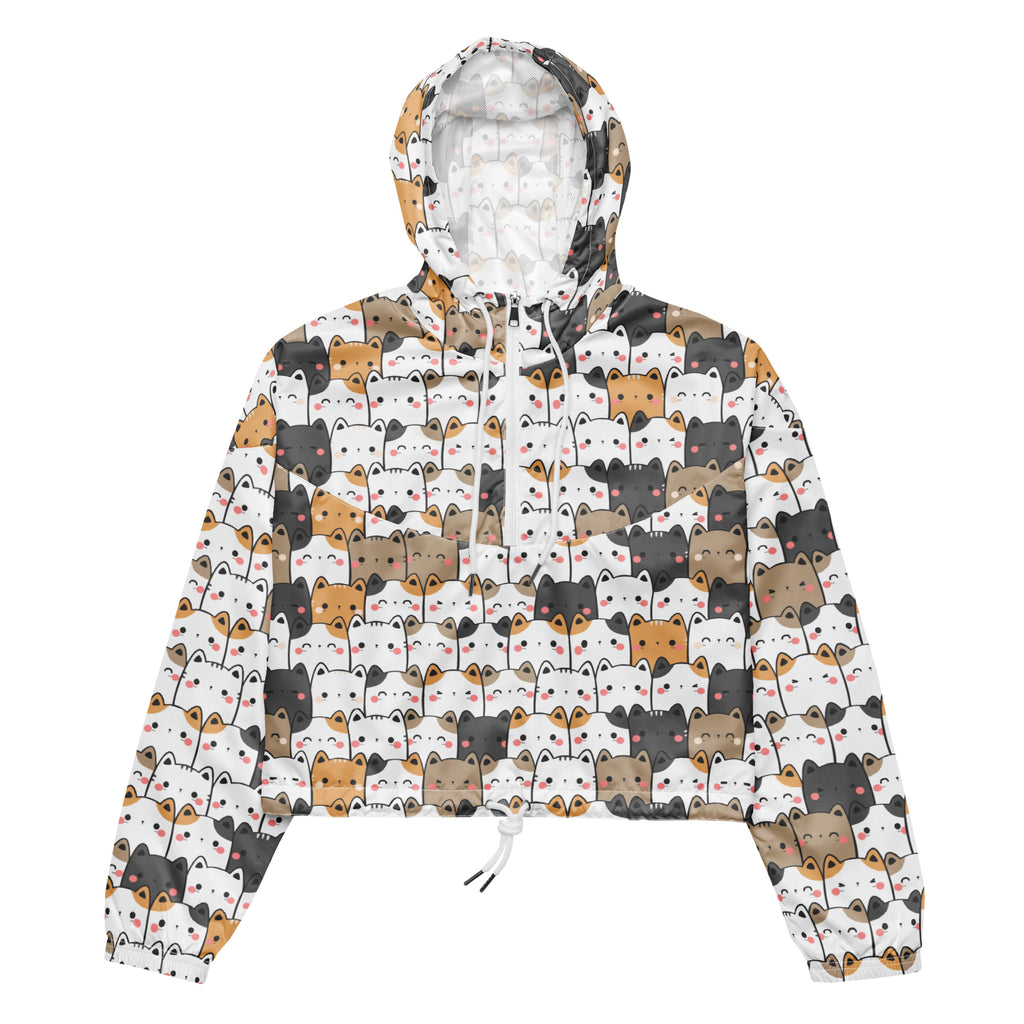 Women’s white hooded cropped windbreaker jacket with colorful cartoon cat print lightweight and water resistant