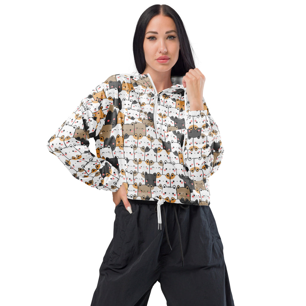Women’s kawaii cat cropped windbreaker in white and black with cat face pattern lightweight and water resistant