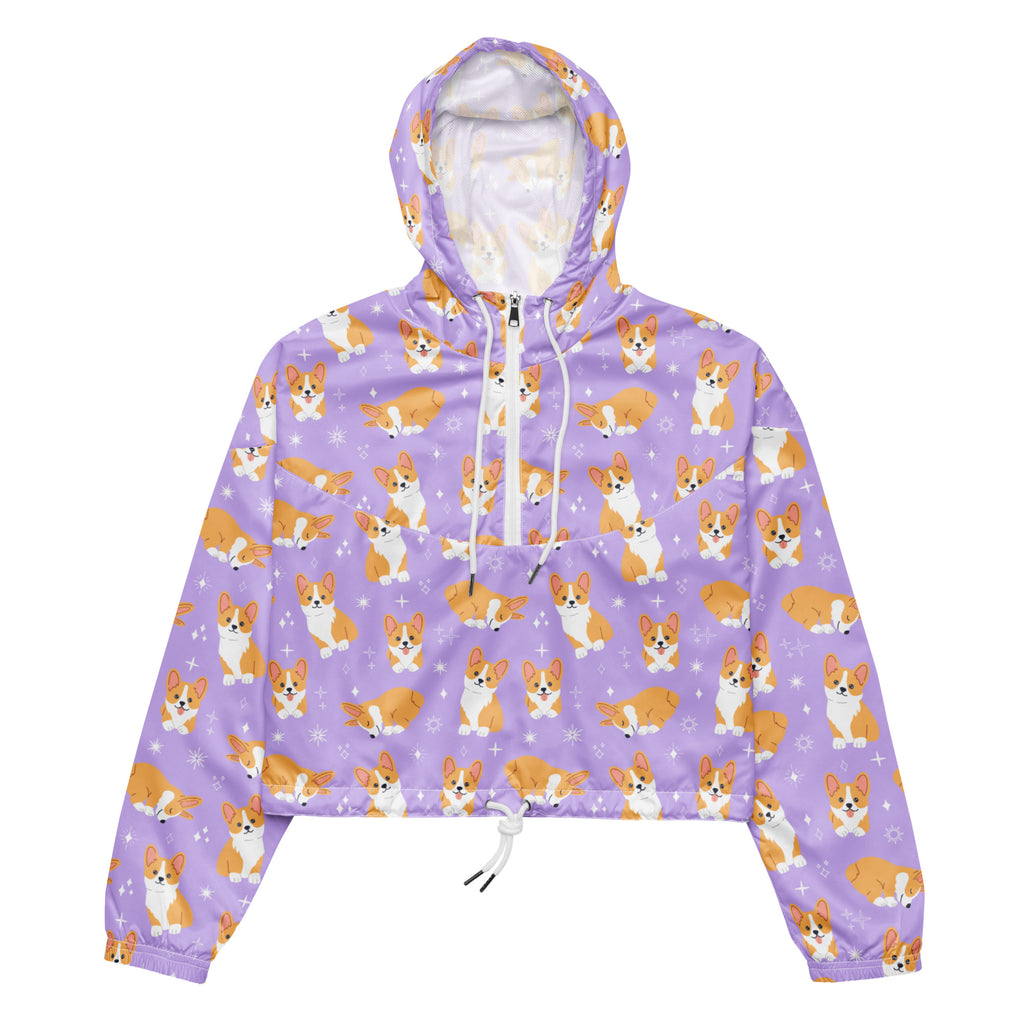 Women’s purple corgi dog cropped windbreaker jacket with hood and pockets featuring cartoon corgi and sparkles pattern