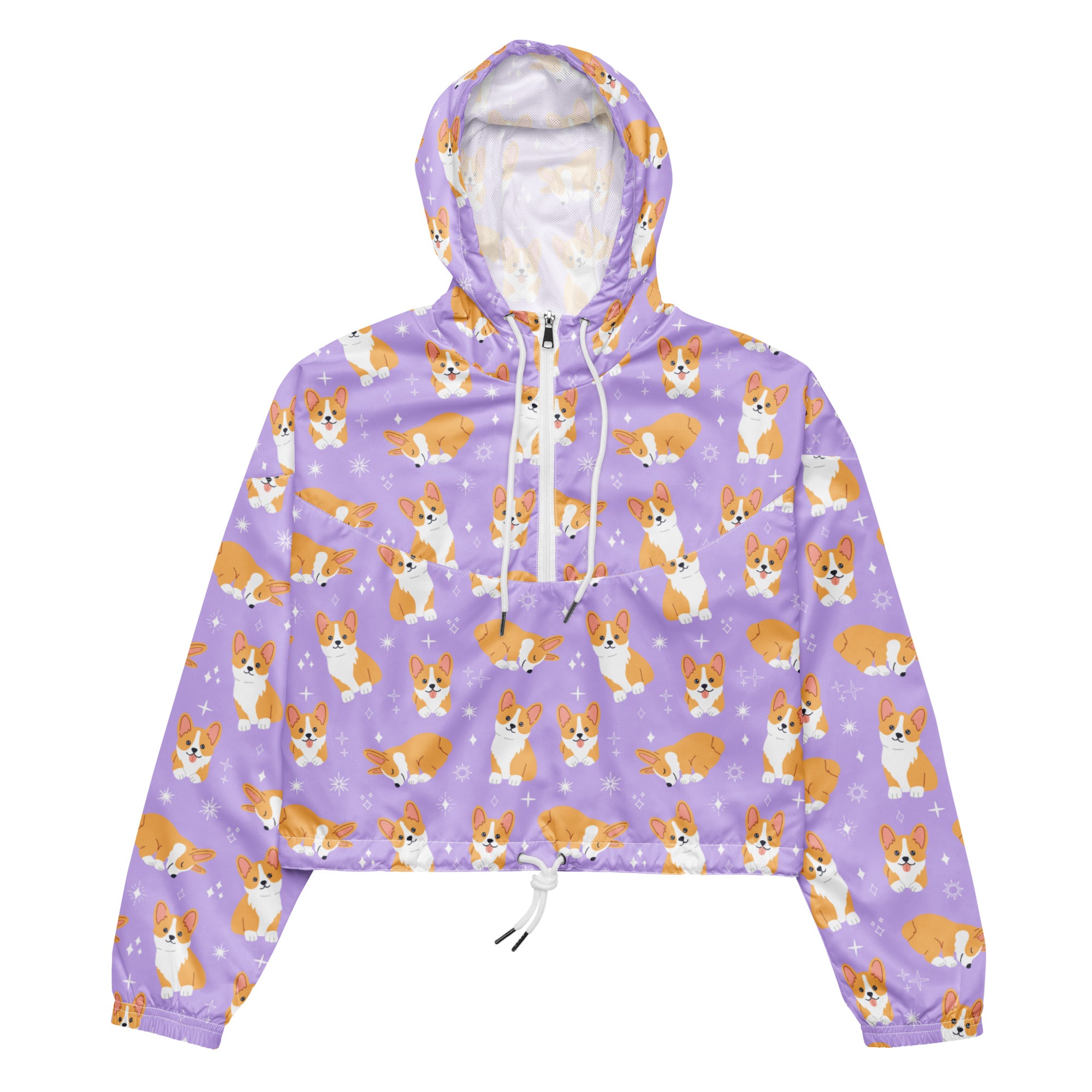 Women’s purple corgi dog cropped windbreaker jacket with hood and pockets featuring cartoon corgi and sparkles pattern