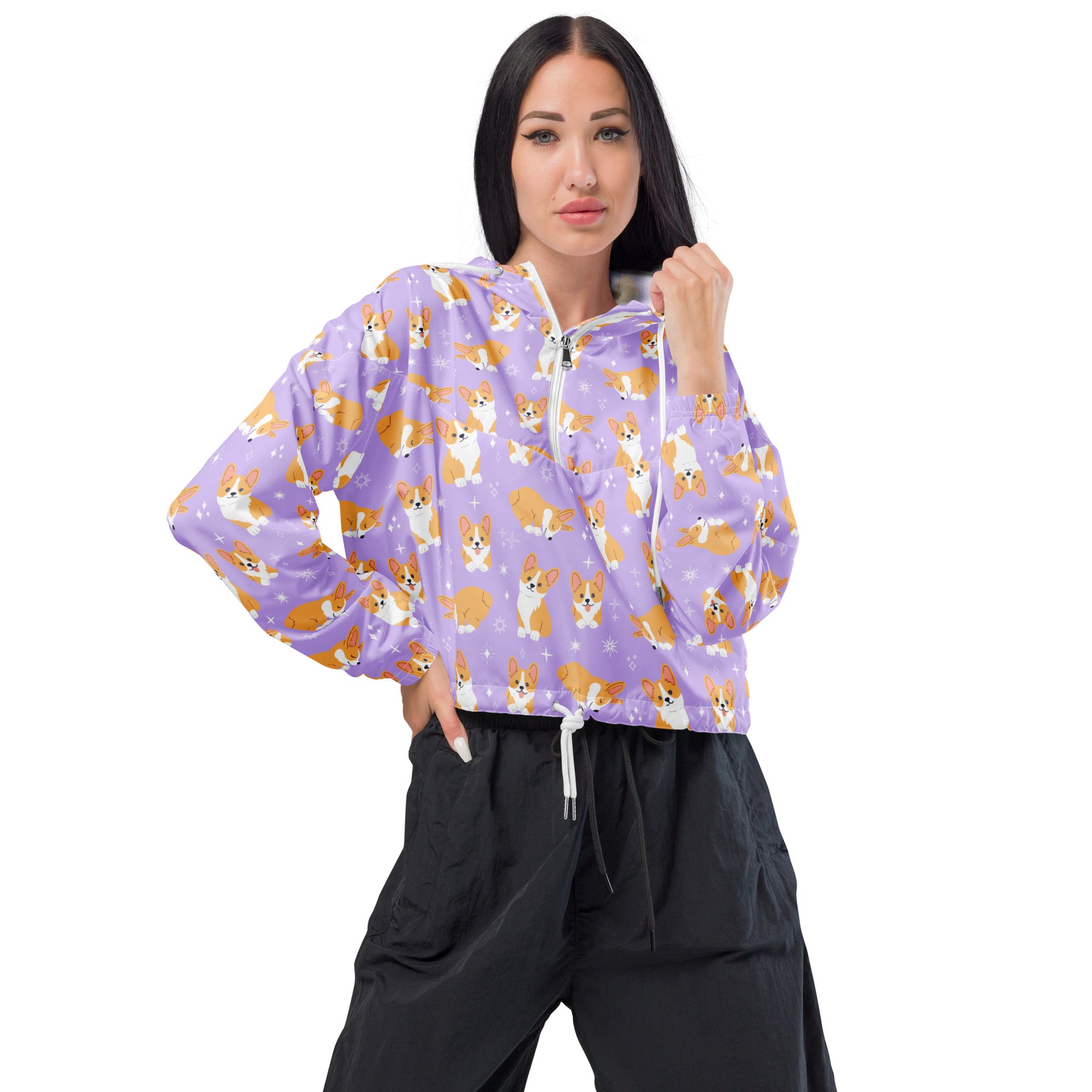 Women’s purple corgi patterned cropped windbreaker jacket with white zipper, drawstring, and adjustable hood
