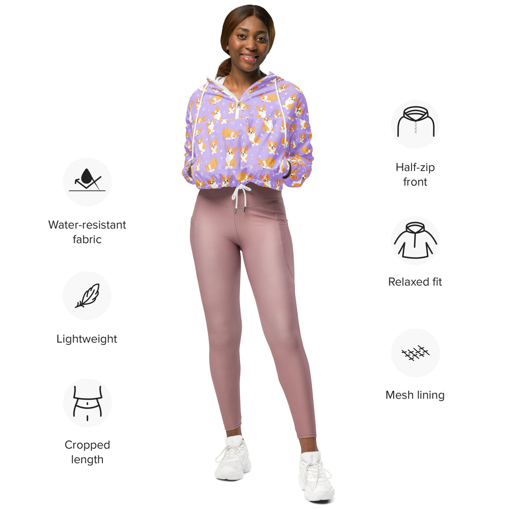 Women’s purple corgi dog cropped windbreaker with water-resistant fabric and mesh lining for lightweight protection