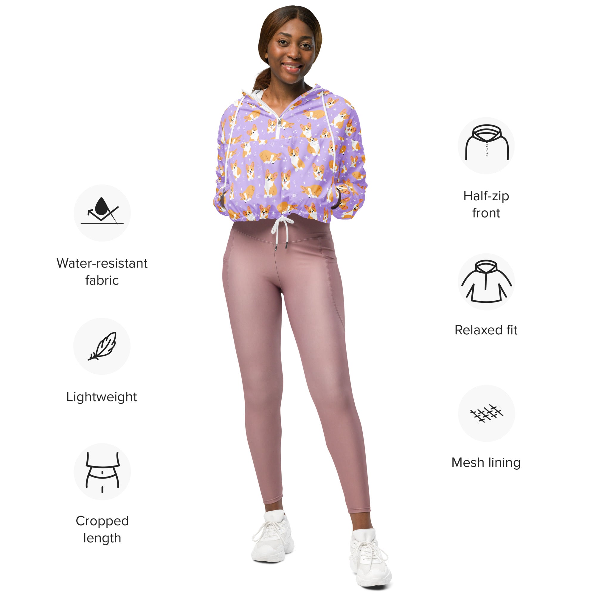 Women’s purple corgi dog cropped windbreaker with water-resistant fabric and mesh lining for lightweight protection