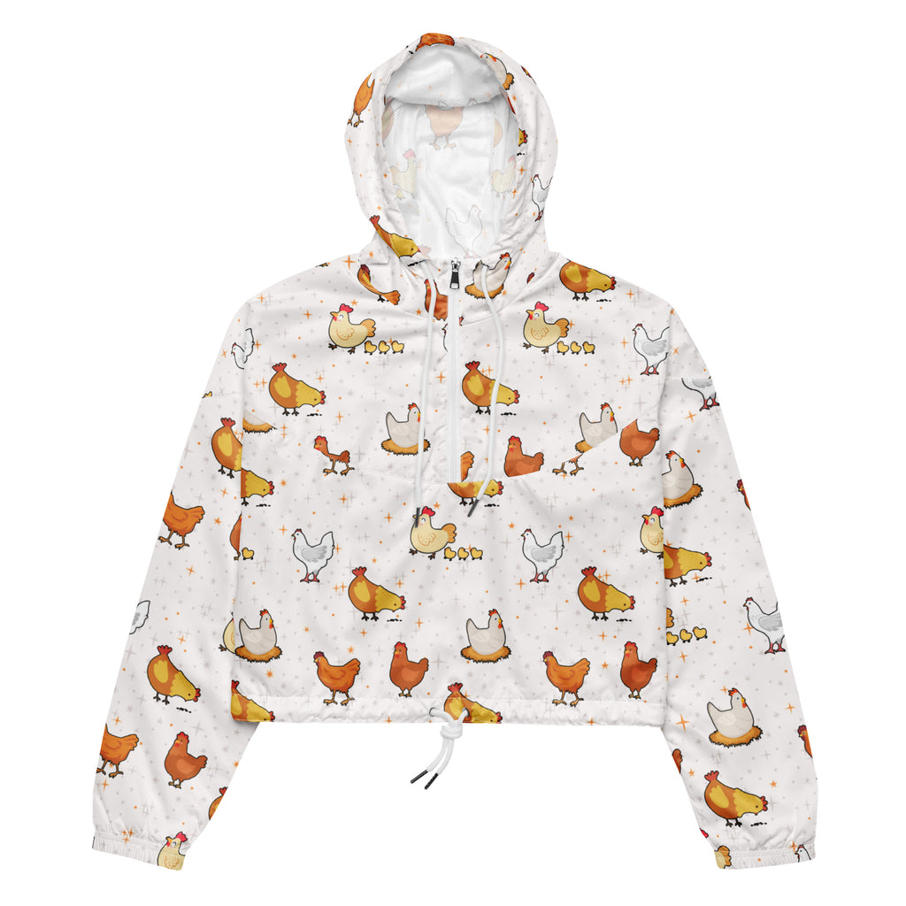 White hooded women’s cropped windbreaker with lightweight water resistant fabric and colorful cartoon chicken pattern