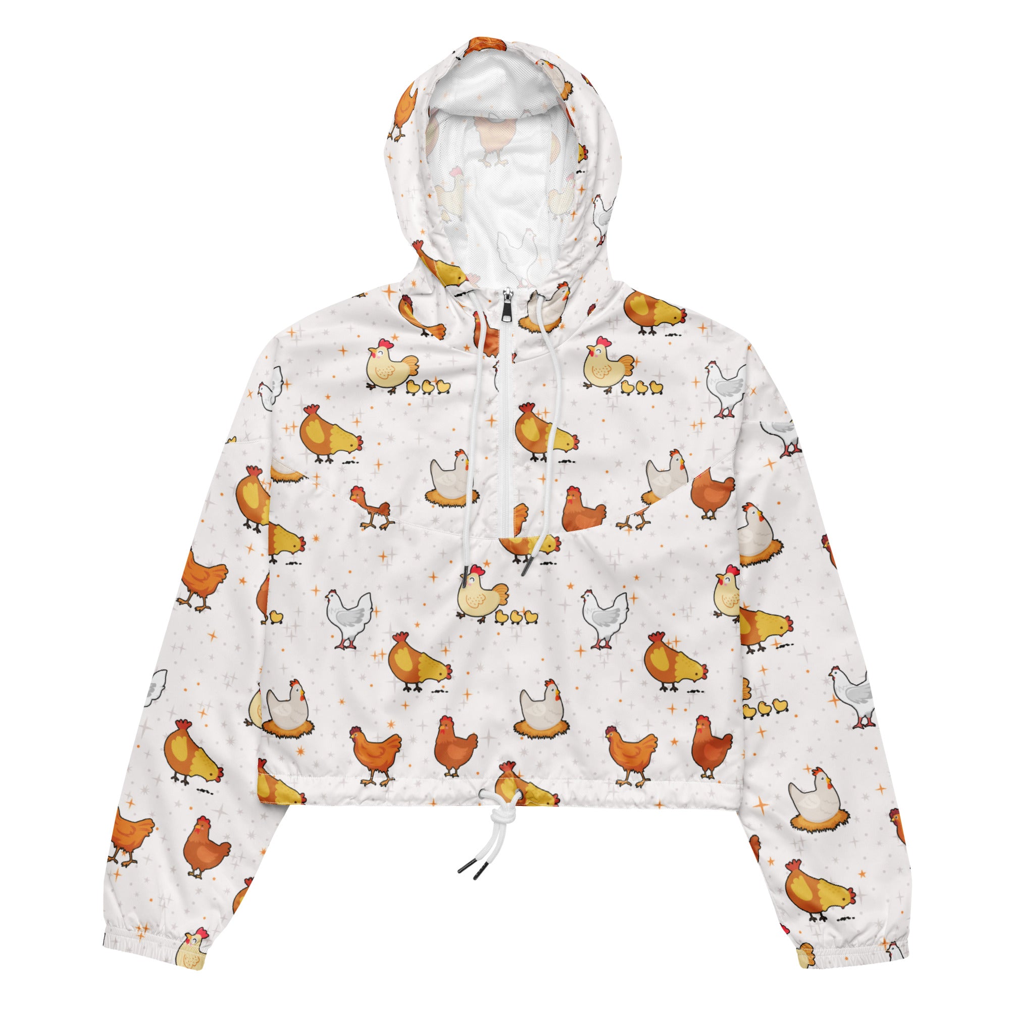 White hooded women’s cropped windbreaker with lightweight water resistant fabric and colorful cartoon chicken pattern