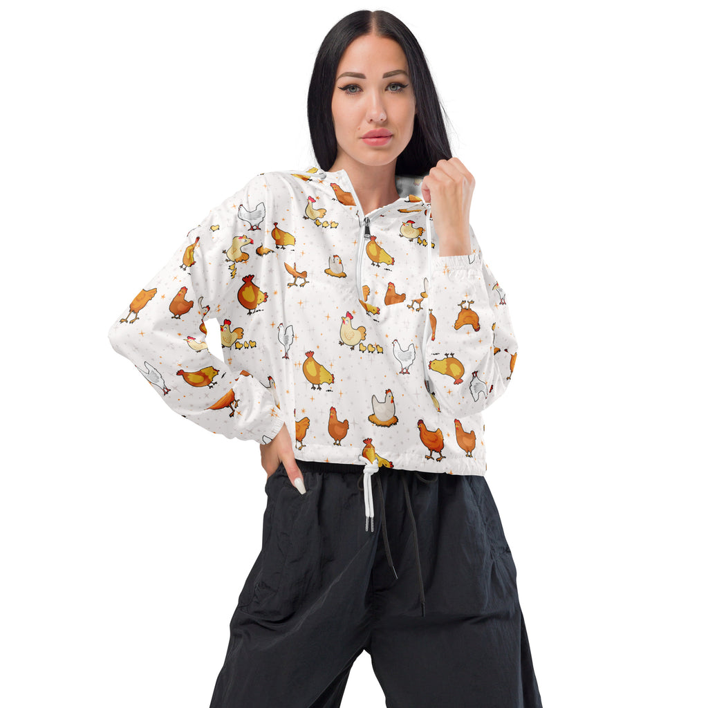 White women’s cropped windbreaker with cartoon chicken pattern lightweight water resistant jacket with adjustable hood