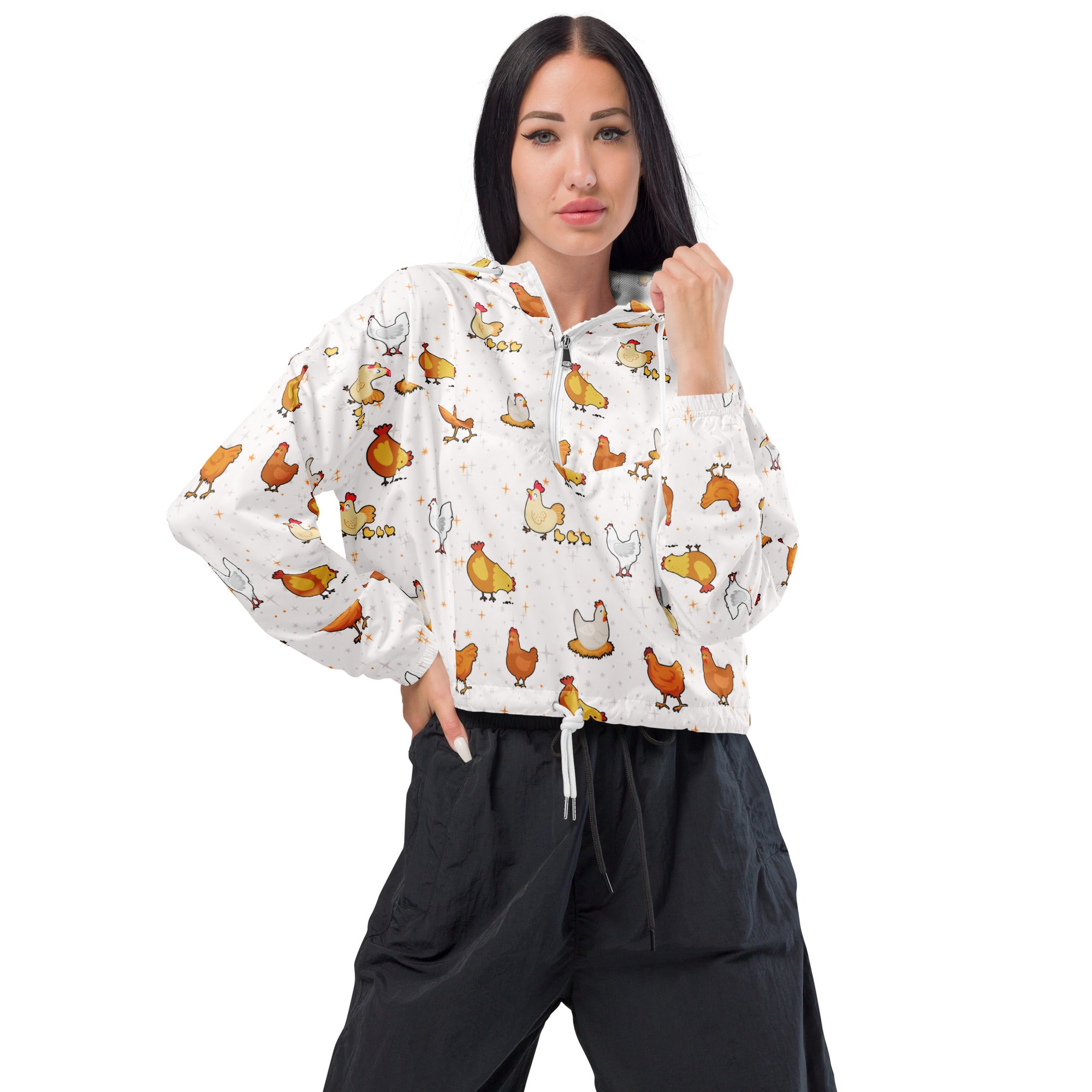 White women’s cropped windbreaker with cartoon chicken pattern lightweight water resistant jacket with adjustable hood