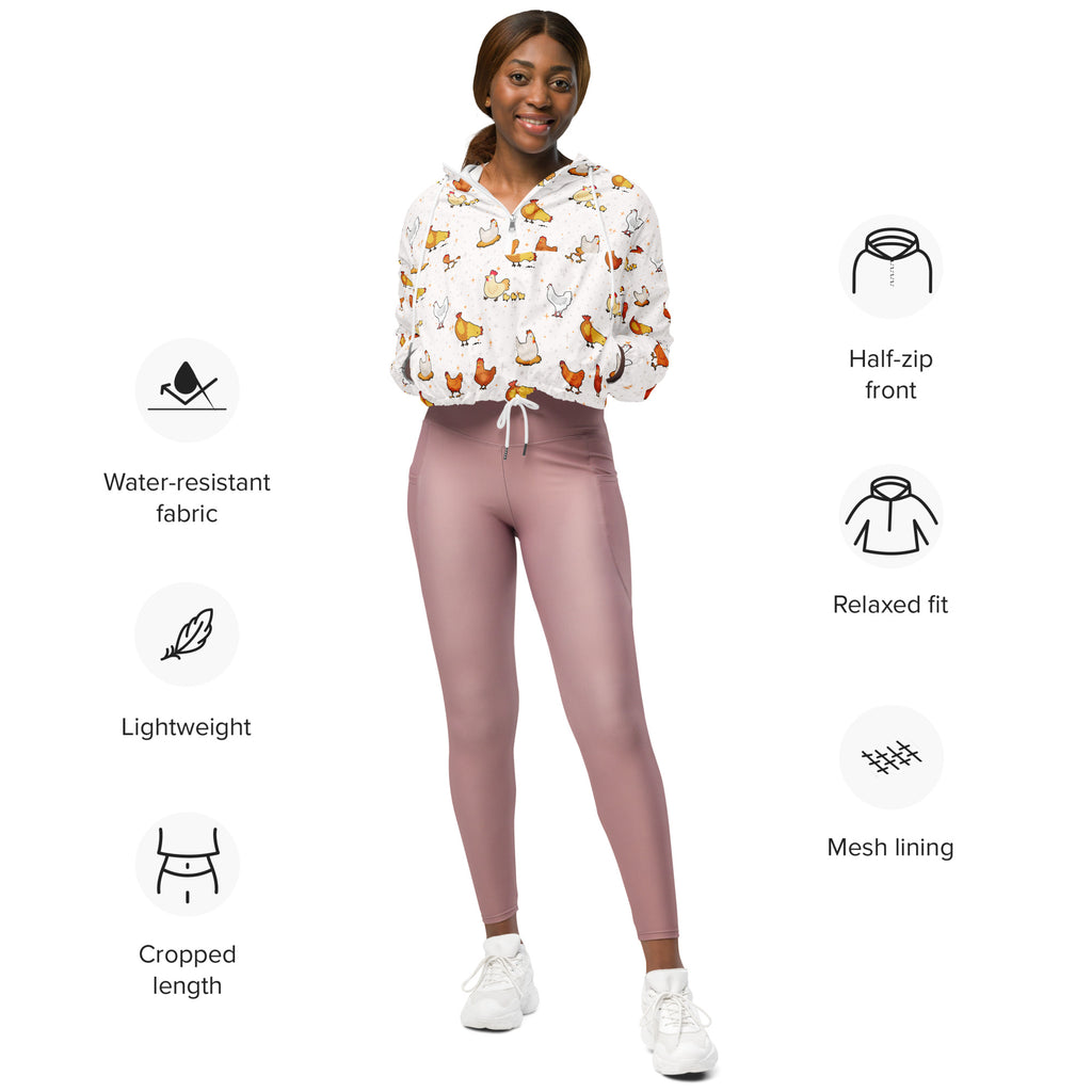 Women’s white cropped windbreaker with playful chicken print half-zip front and water-resistant fabric