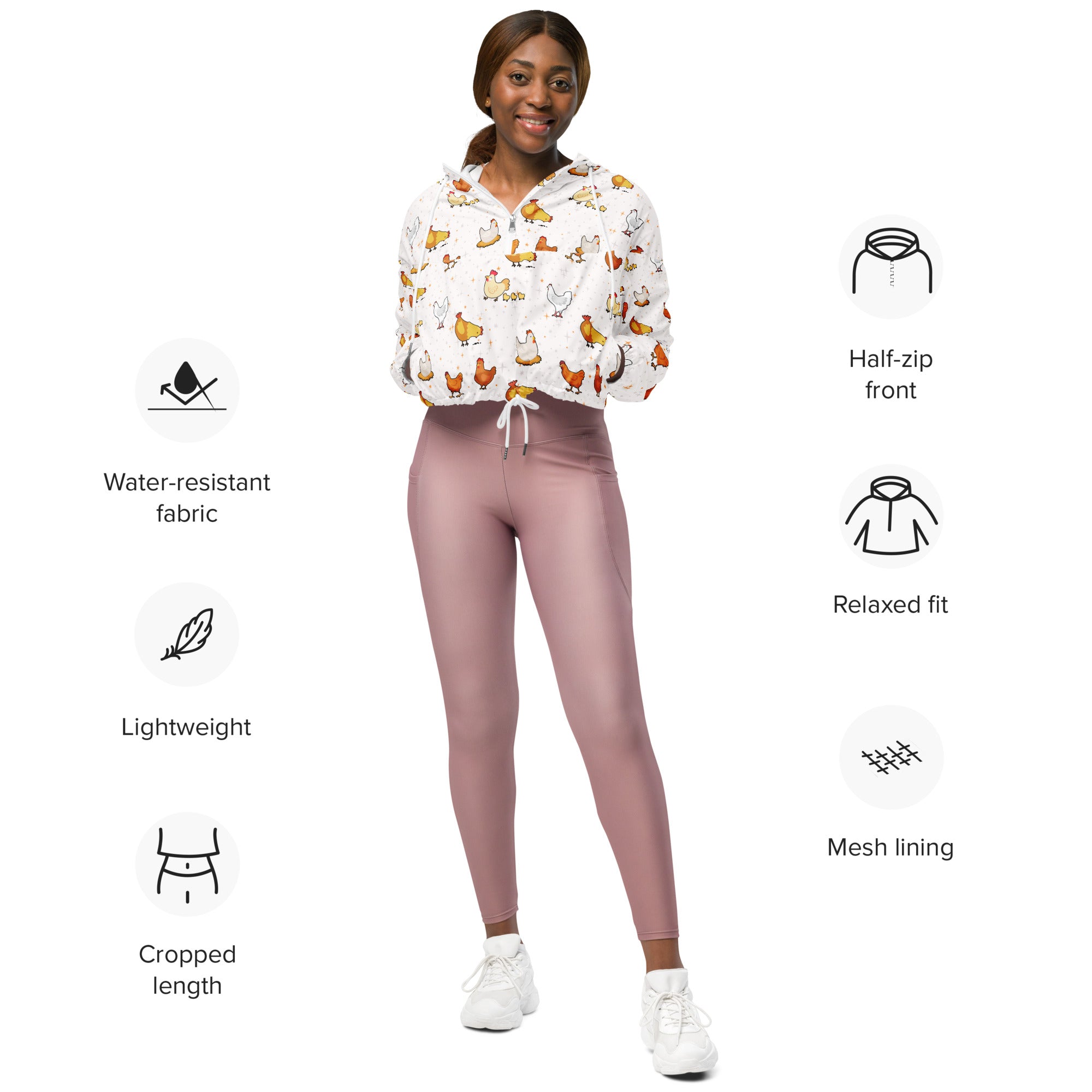 Women’s white cropped windbreaker with playful chicken print half-zip front and water-resistant fabric