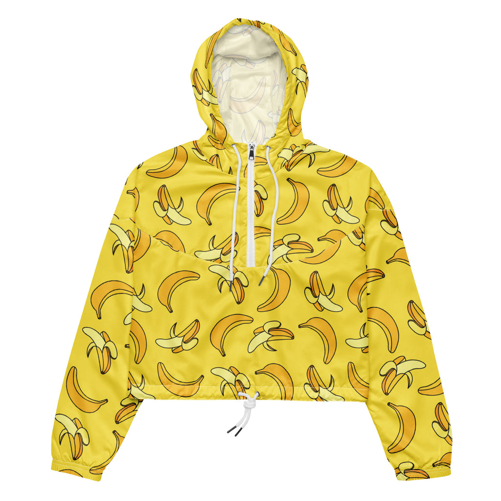 Women’s yellow banana print cropped hoodie with white zipper and drawstring lightweight windbreaker jacket