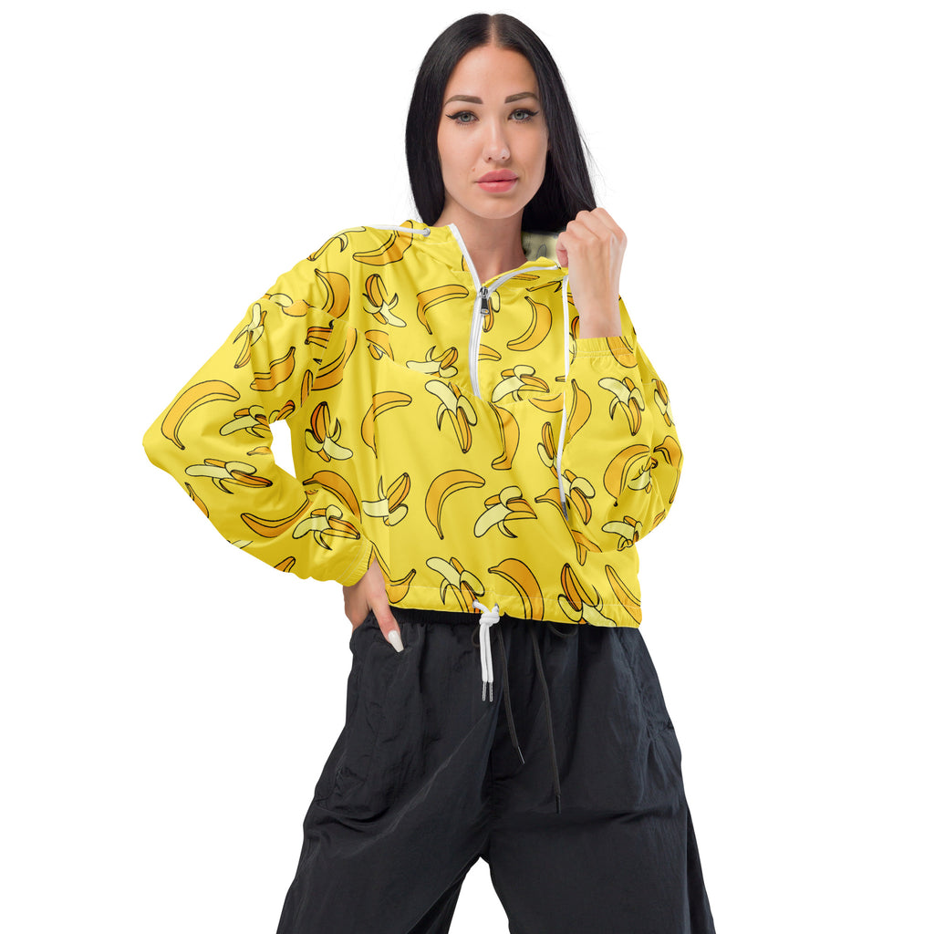 Women’s yellow banana print cropped windbreaker with half zip adjustable hood and pockets lightweight and water resistant