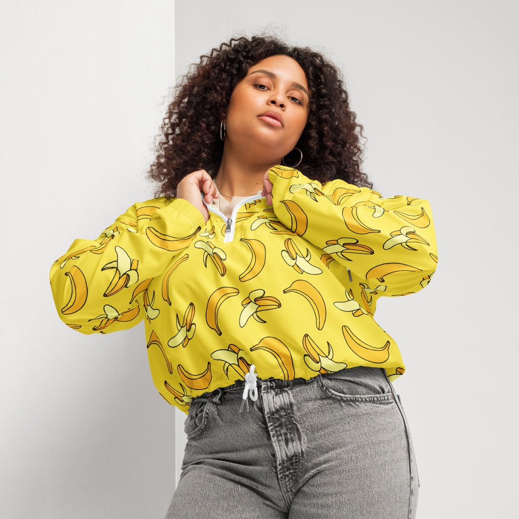 Women’s yellow banana print cropped bomber jacket lightweight water resistant with adjustable hood and pockets