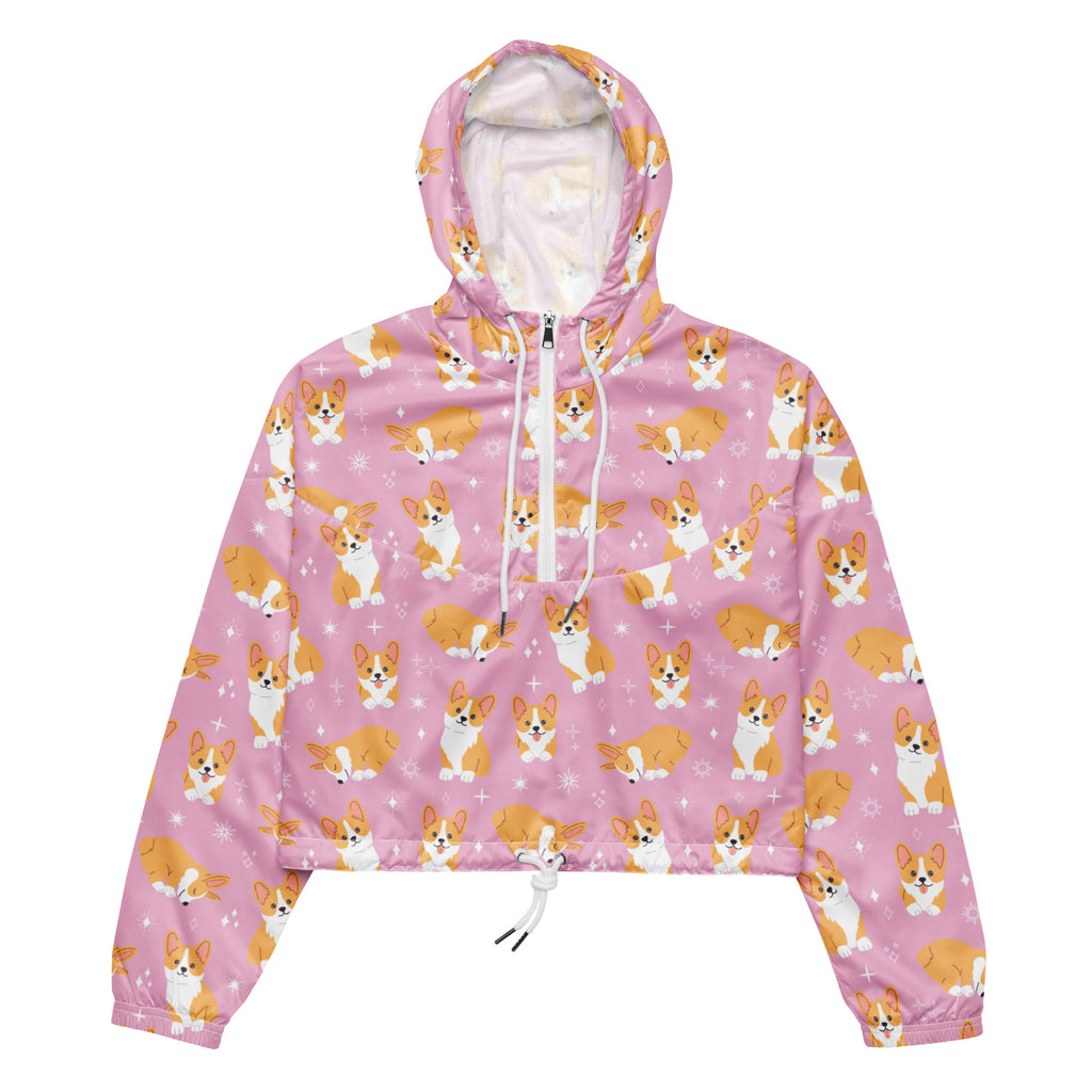 Women’s pink corgi cropped windbreaker with cartoon corgi pattern front zipper adjustable hood and drawstring hem