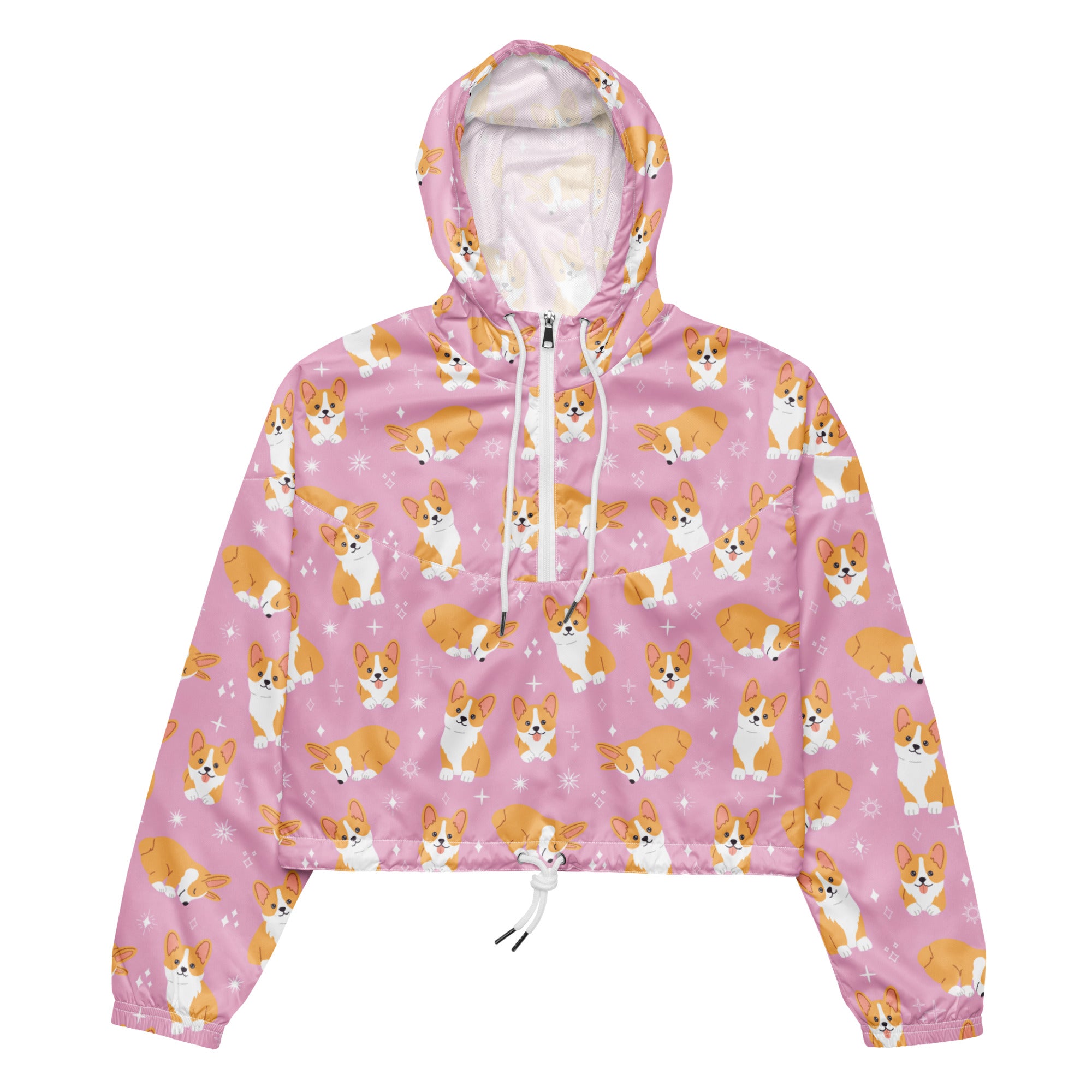 Women’s pink corgi cropped windbreaker with cartoon corgi pattern front zipper adjustable hood and drawstring hem