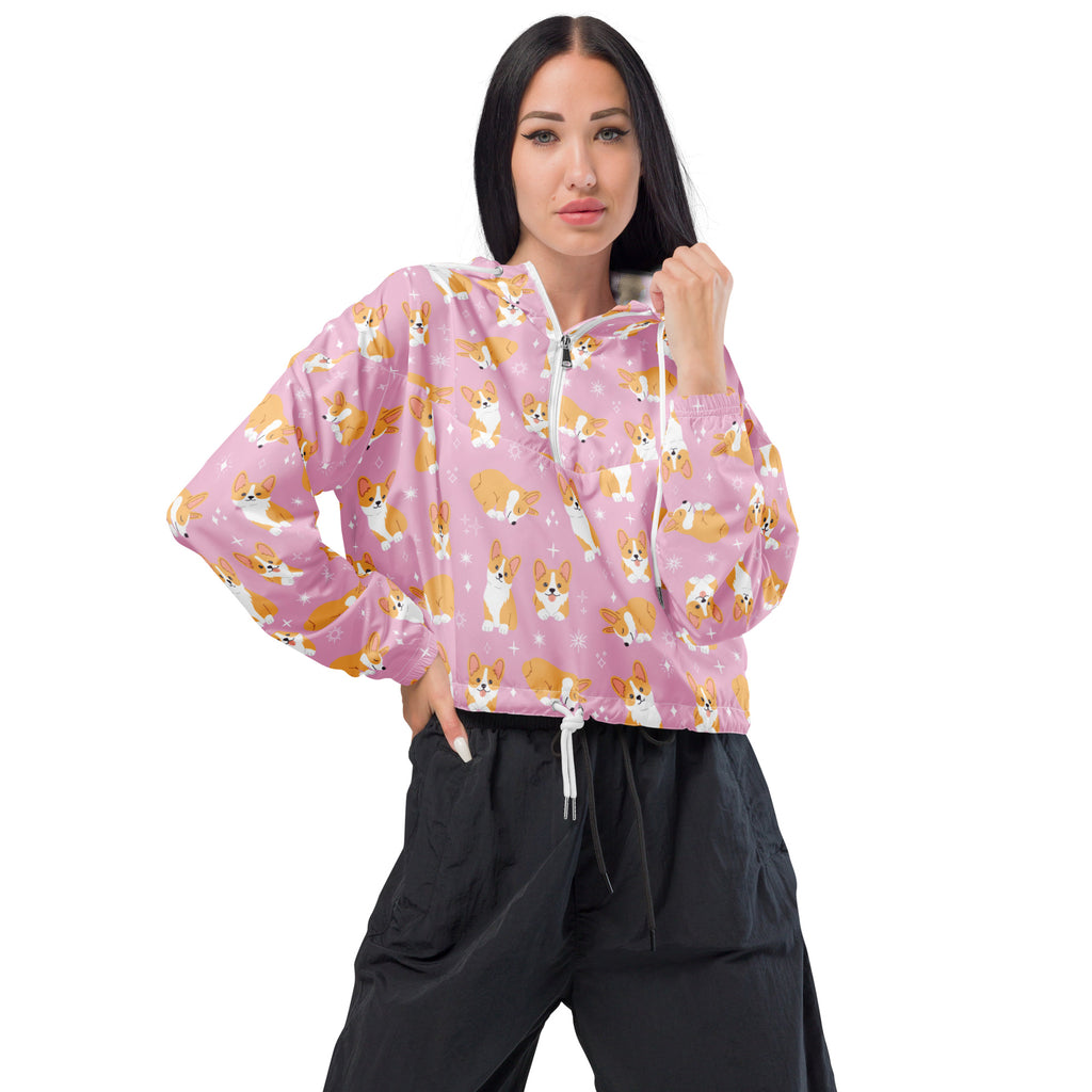 Women’s pink corgi cropped windbreaker jacket with white zipper drawstring lightweight water resistant fabric