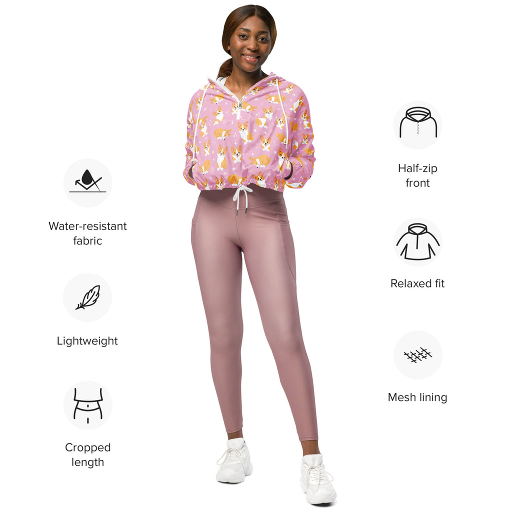 Women’s pink corgi print cropped hoodie with half zip front and breathable mesh lining for lightweight comfort
