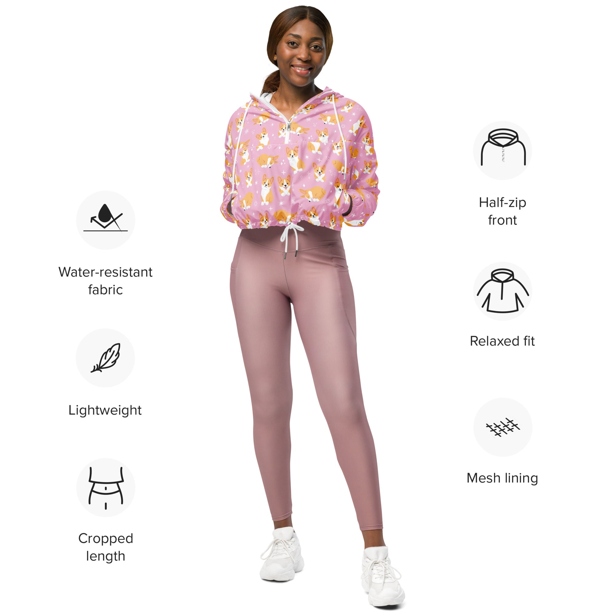 Women’s pink corgi print cropped hoodie with half zip front and breathable mesh lining for lightweight comfort