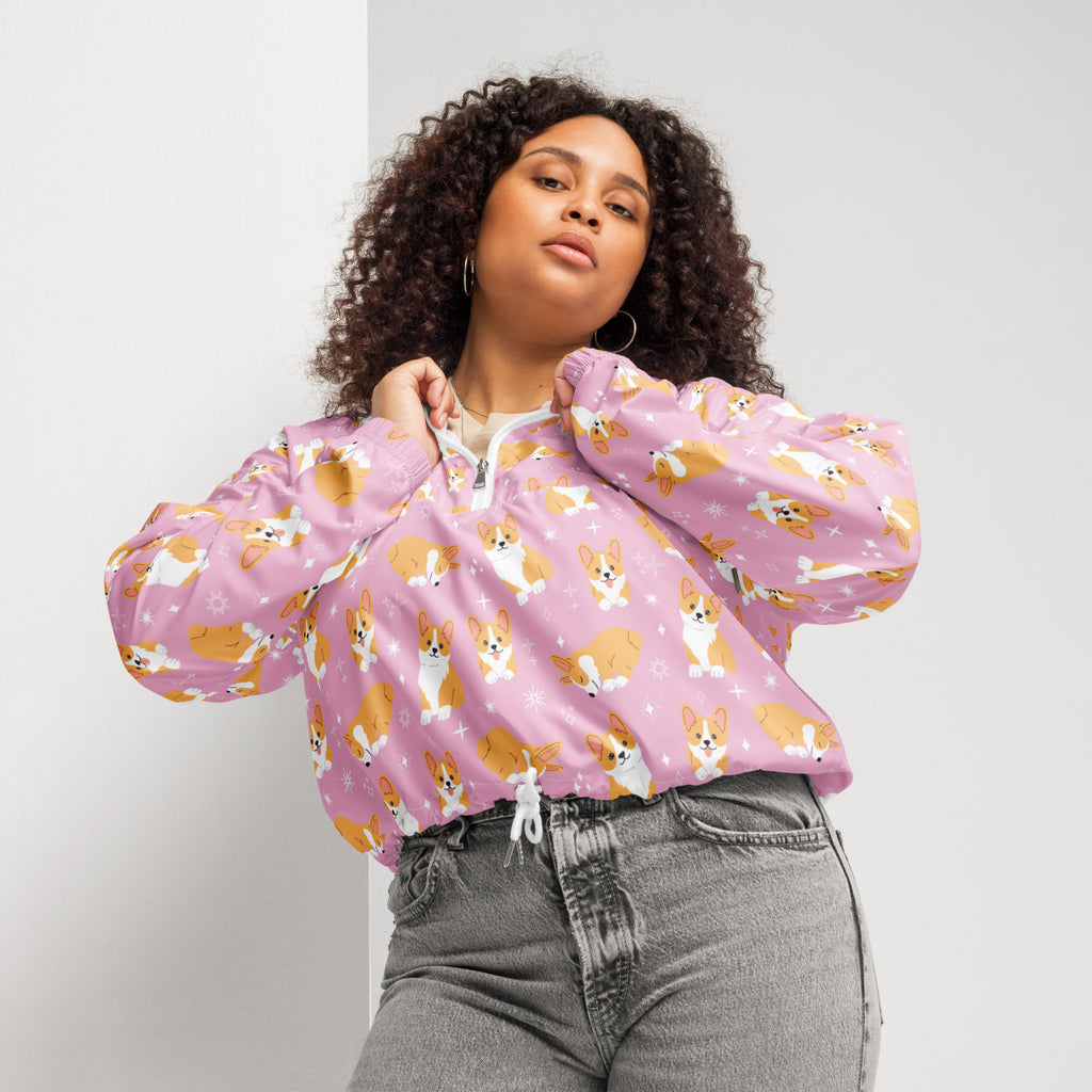 Women’s pink corgi print cropped bomber jacket with white zipper and drawstring lightweight windbreaker with hood
