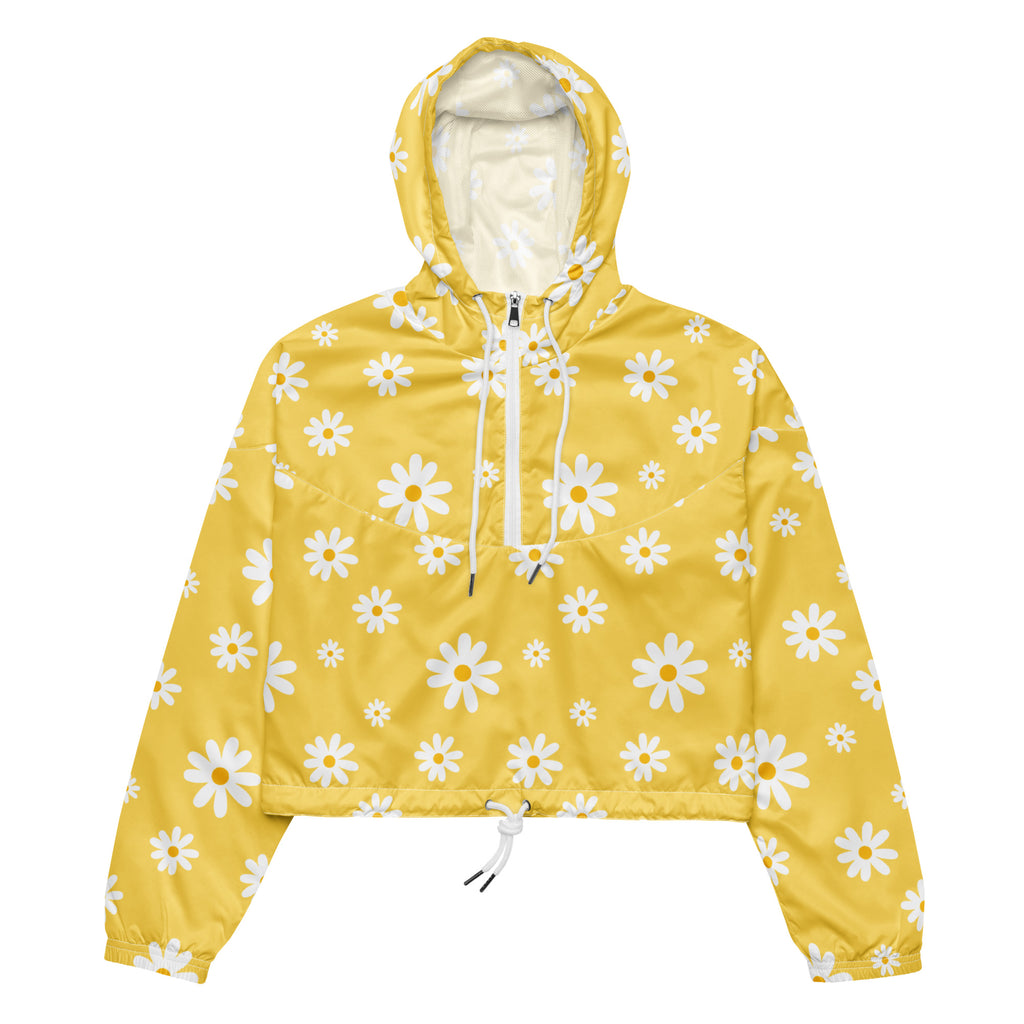Women’s yellow daisy cropped windbreaker with white drawstrings and light interior lining, lightweight and water resistant