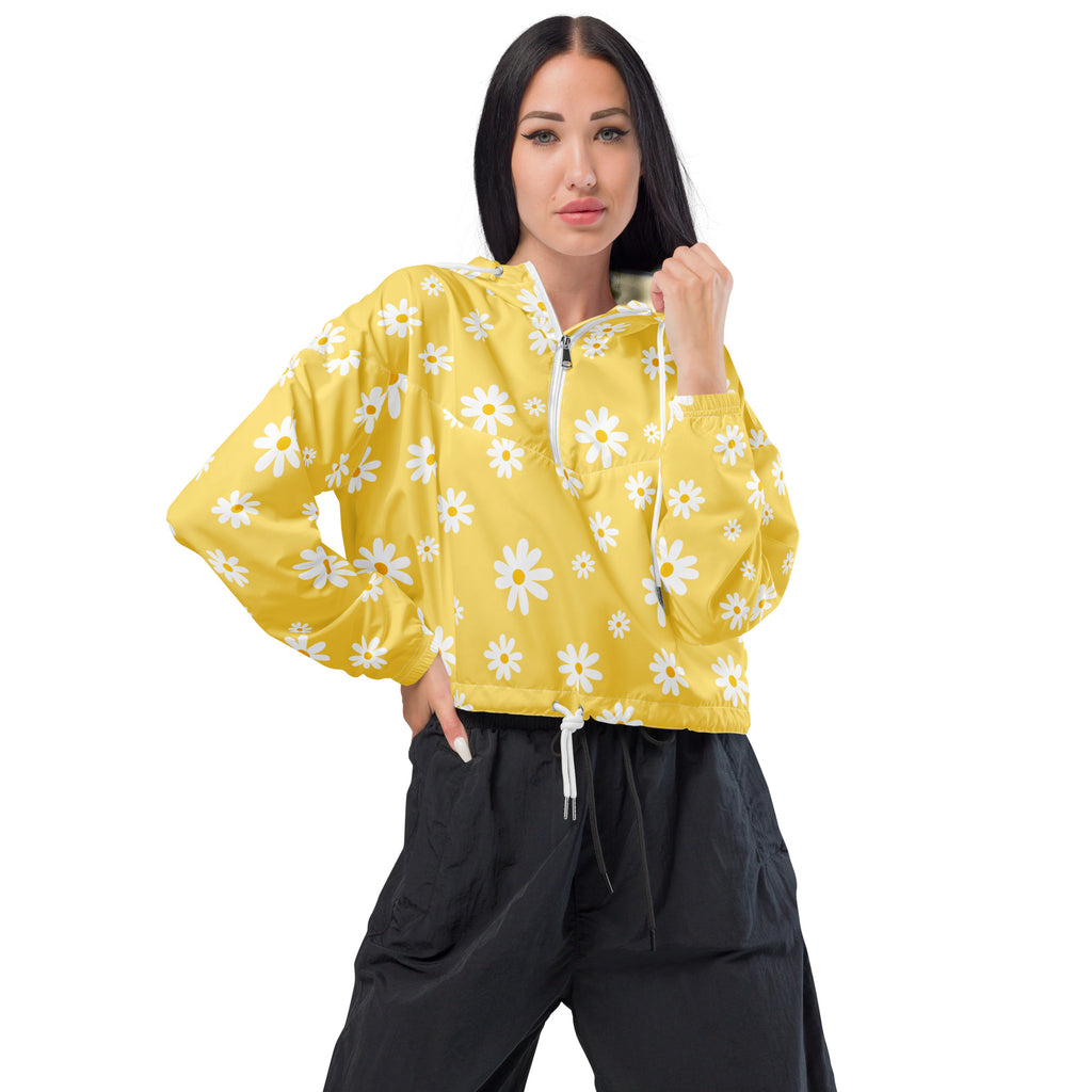 Women’s yellow daisy cropped windbreaker with half zip adjustable hood lightweight water resistant jacket with pockets
