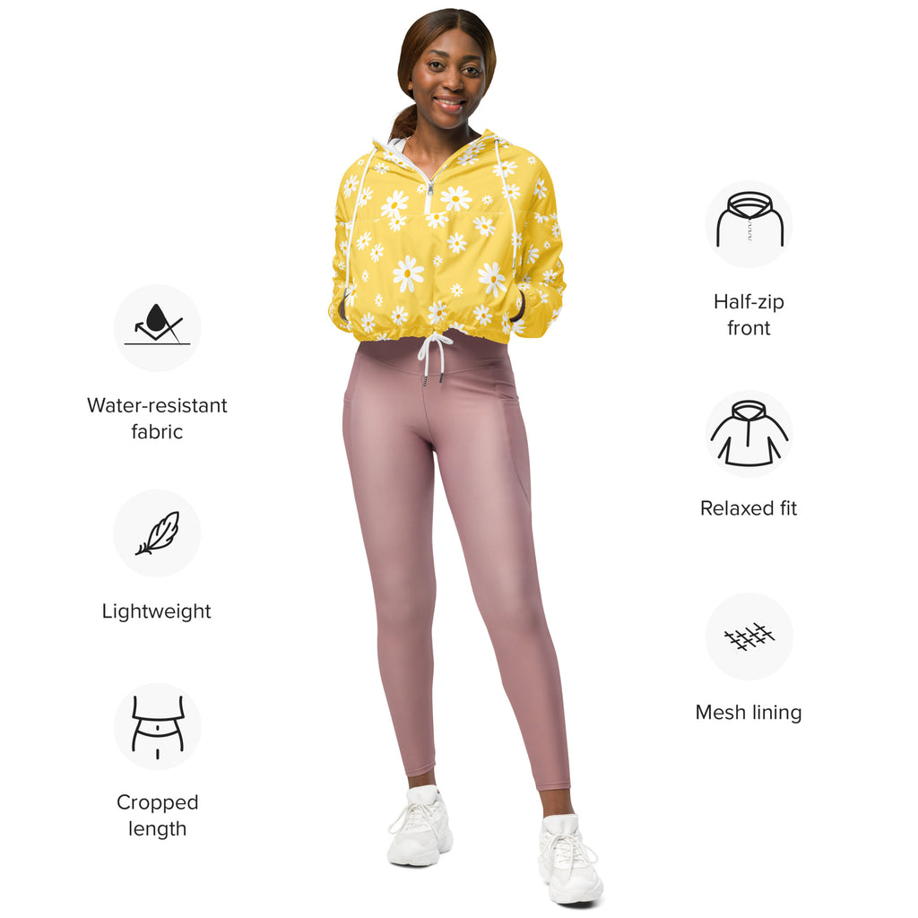 Women’s yellow daisy cropped windbreaker with half-zip front mesh lining adjustable hood and pockets