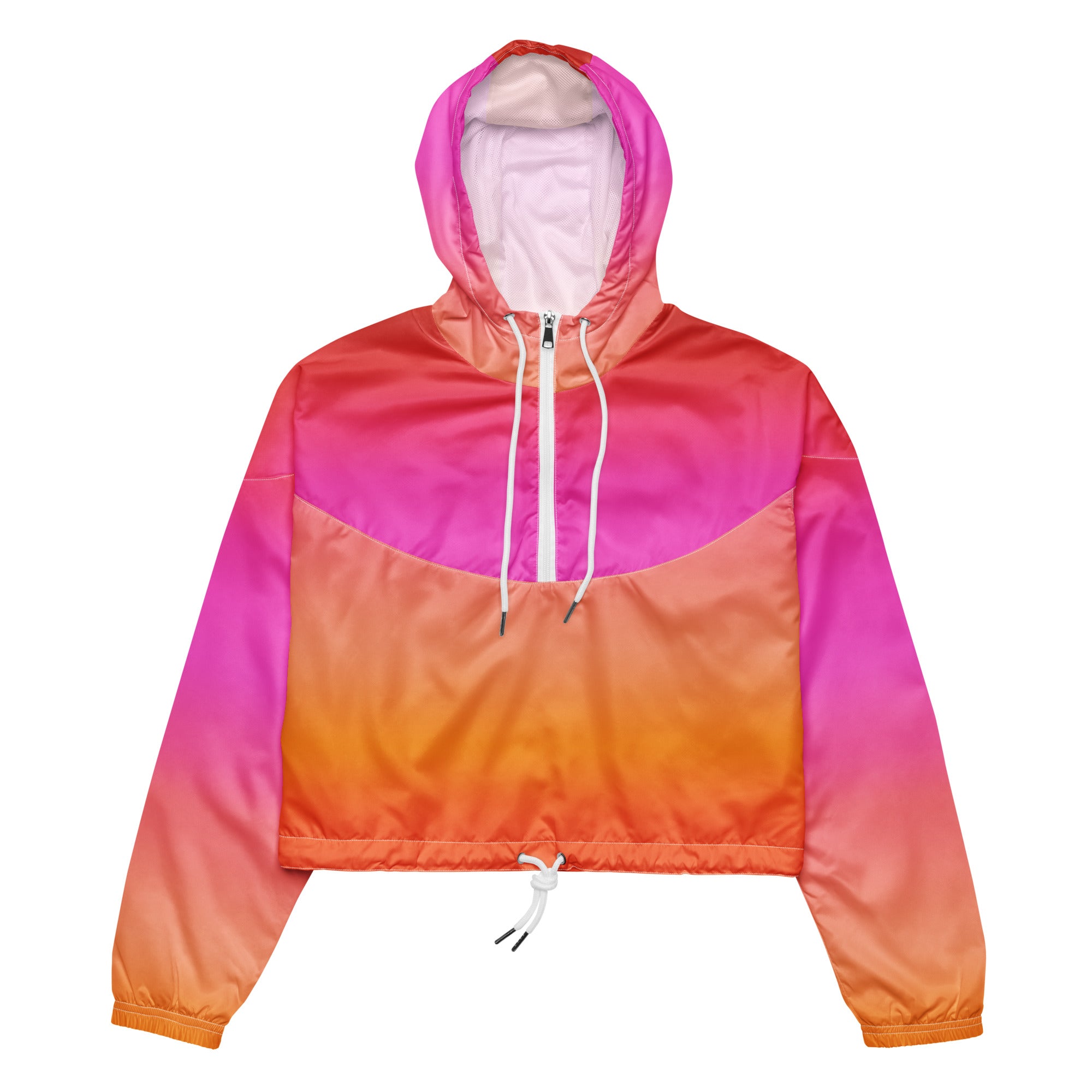 Women’s sunset ombre cropped windbreaker in pink to orange nylon with white drawstrings and adjustable hood and pockets
