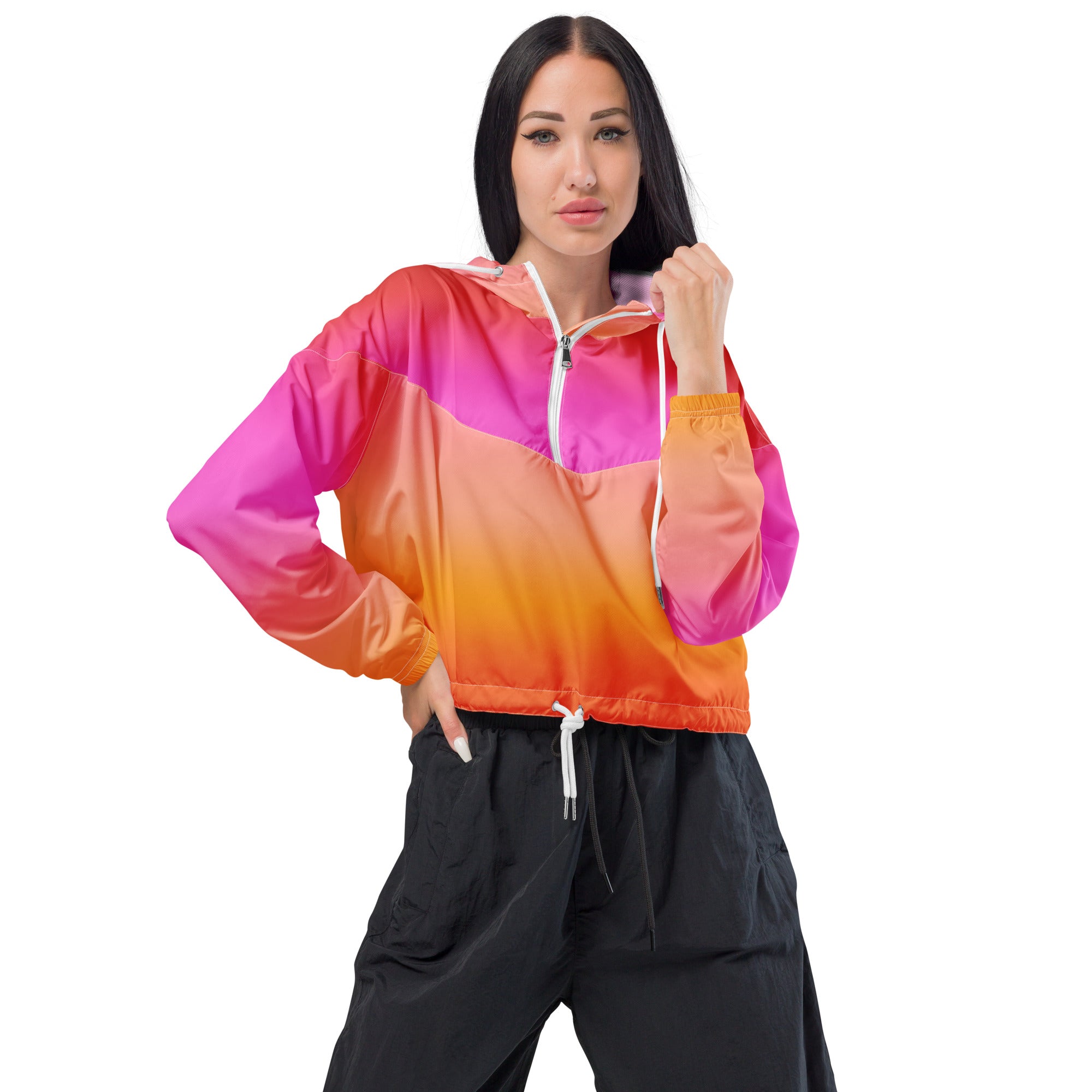 Women’s sunset ombre cropped windbreaker jacket with pink-to-orange gradient, white zipper, and adjustable hood