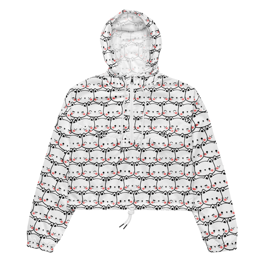 White cropped windbreaker with adjustable hood and pockets featuring black outlined cartoon cats with pink cheeks