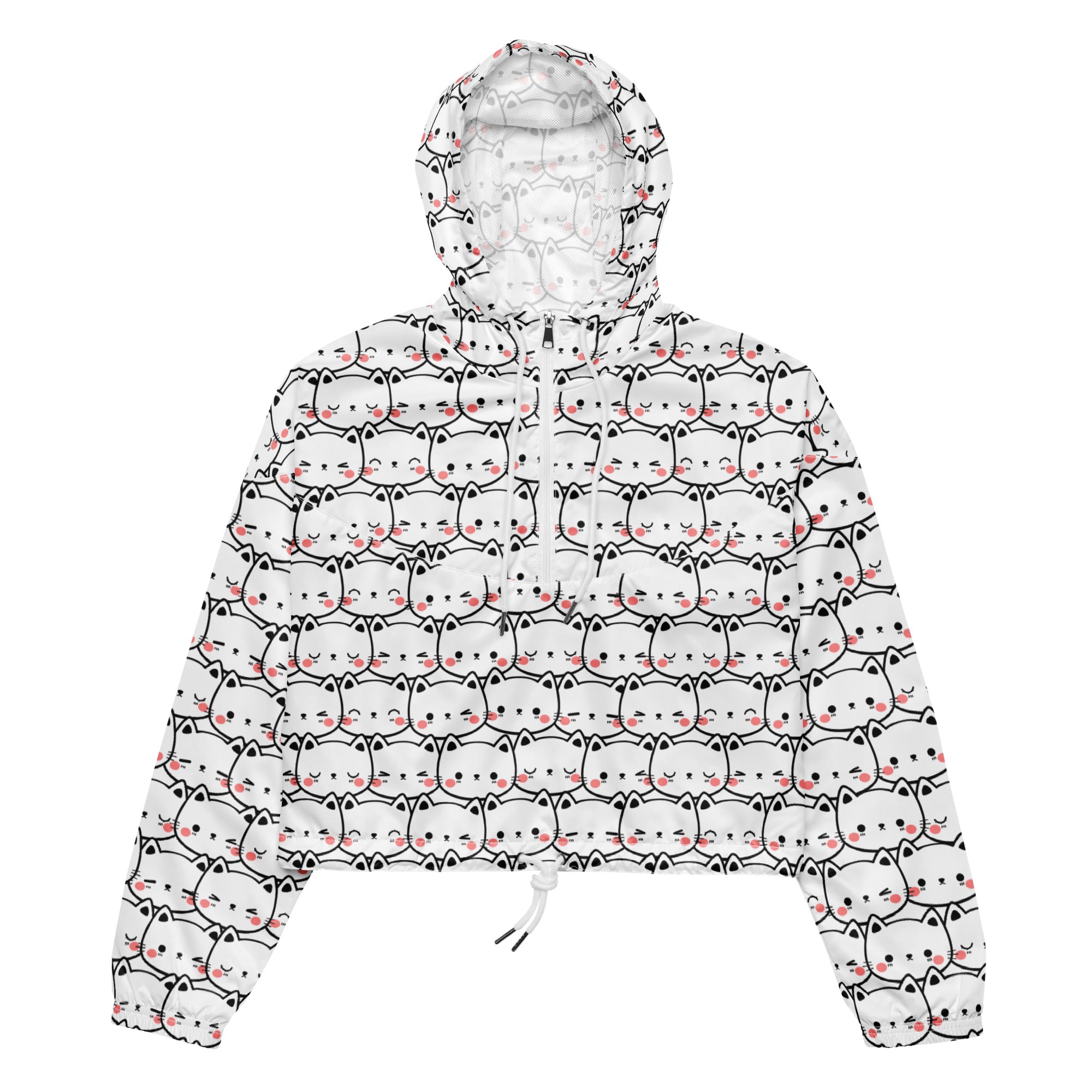 White cropped windbreaker with adjustable hood and pockets featuring black outlined cartoon cats with pink cheeks