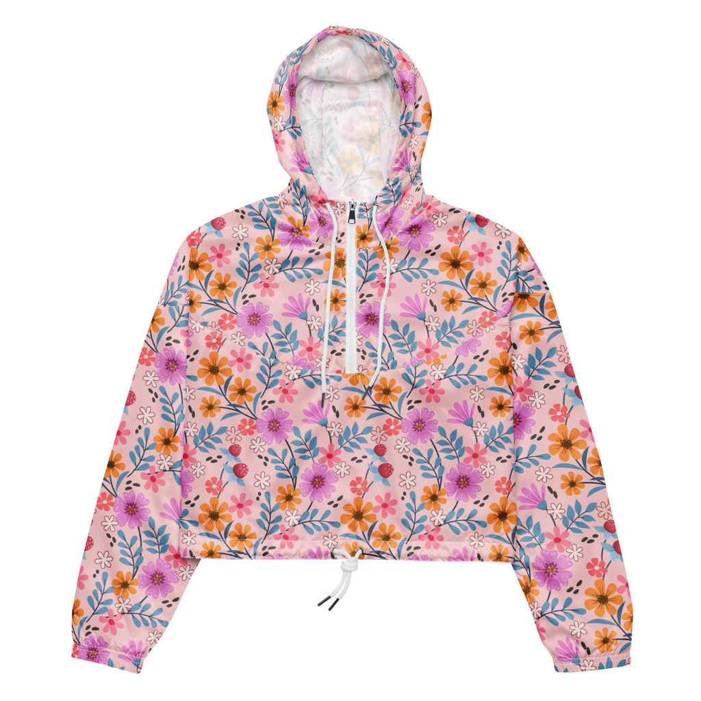 Women’s pink floral cropped windbreaker with vibrant purple orange and blue blossoms lightweight water resistant jacket