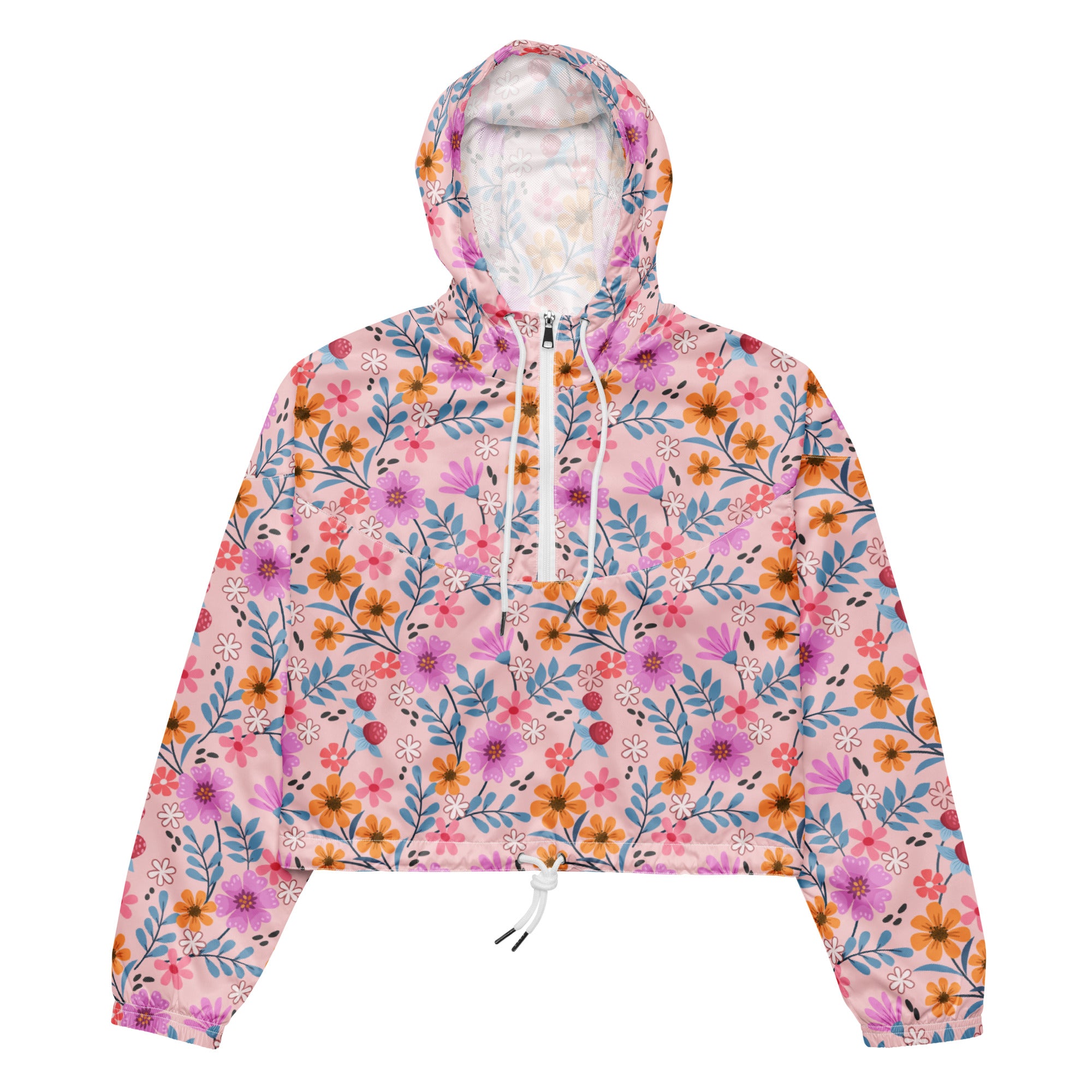 Women’s pink floral cropped windbreaker with vibrant purple orange and blue blossoms lightweight water resistant jacket