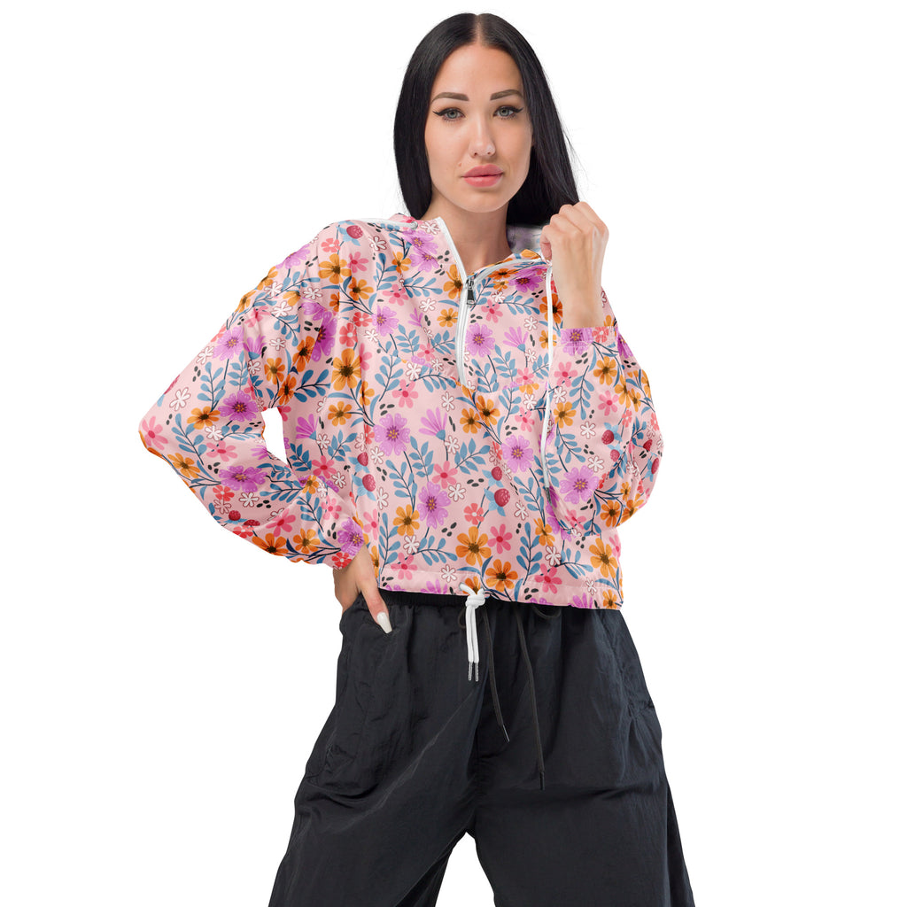 Women’s pink floral cropped windbreaker with white zipper adjustable hood and lightweight water resistant fabric