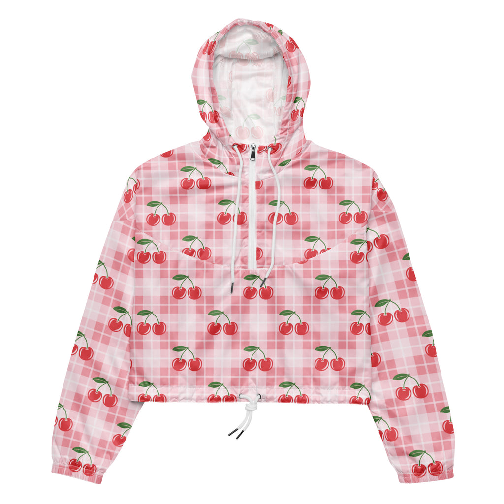 Women’s pink cherry plaid cropped windbreaker with lightweight water resistant fabric and adjustable hood shown front side