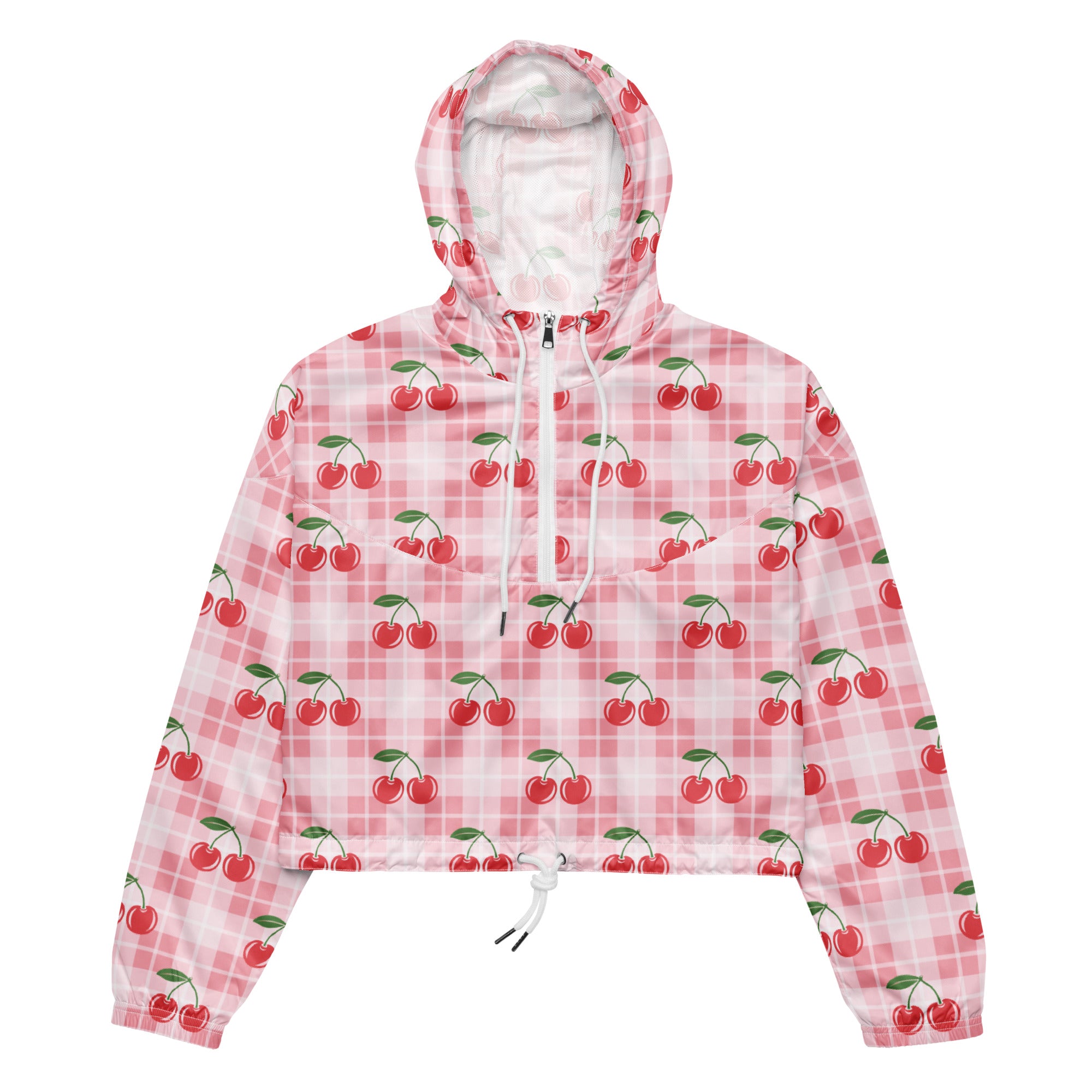 Women’s pink cherry plaid cropped windbreaker with lightweight water resistant fabric and adjustable hood shown front side