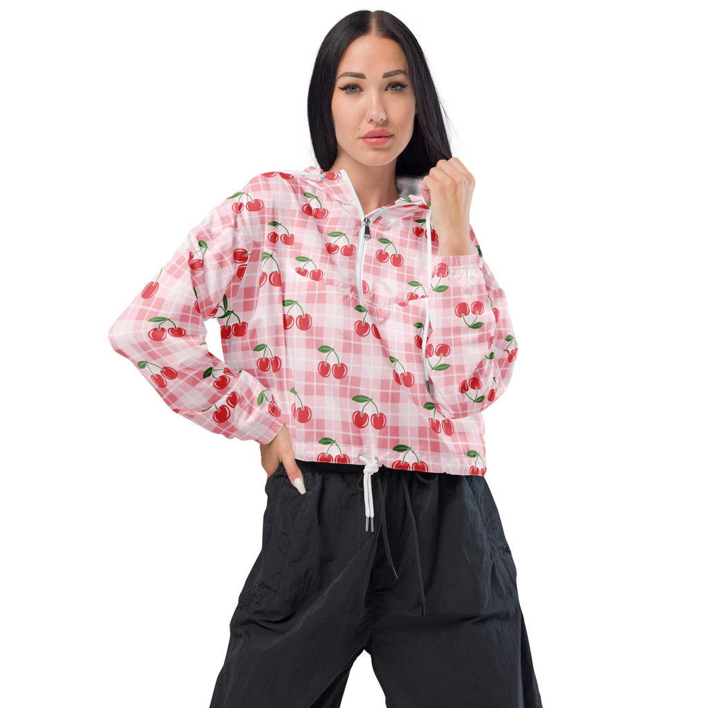 Women’s lightweight pink and white cherry-print cropped windbreaker jacket with half-zip front and adjustable hood