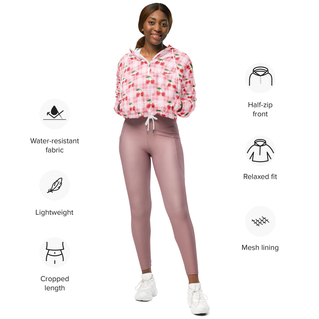 Women’s pink cherry-print cropped hoodie with half-zip front and mesh lining lightweight and breathable design